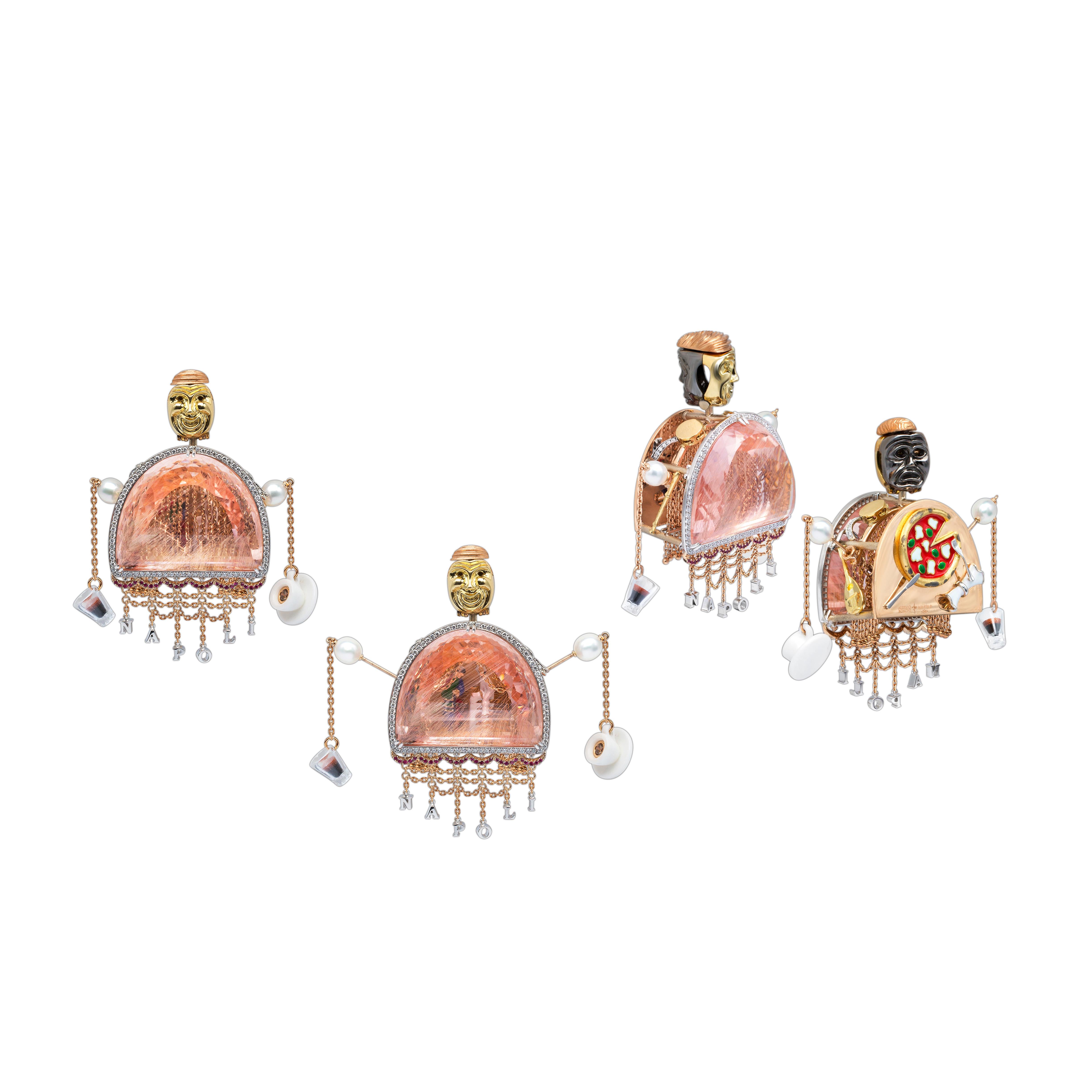 Moderne Ensemble collier et boucles d'oreilles en or blanc et rose 18 carats, diamants, rubis et morganite en vente