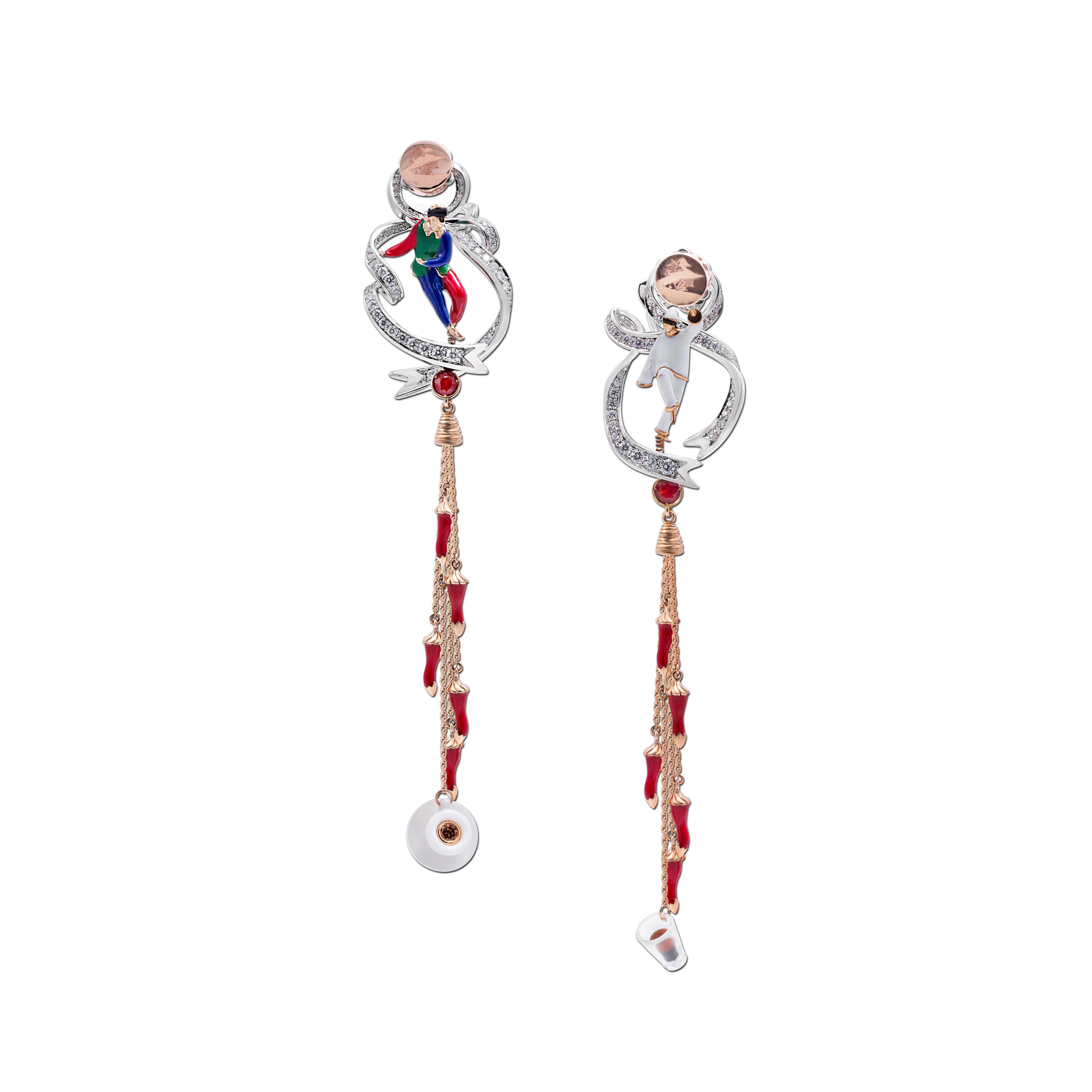 Taille ronde Ensemble collier et boucles d'oreilles en or blanc et rose 18 carats, diamants, rubis et morganite en vente
