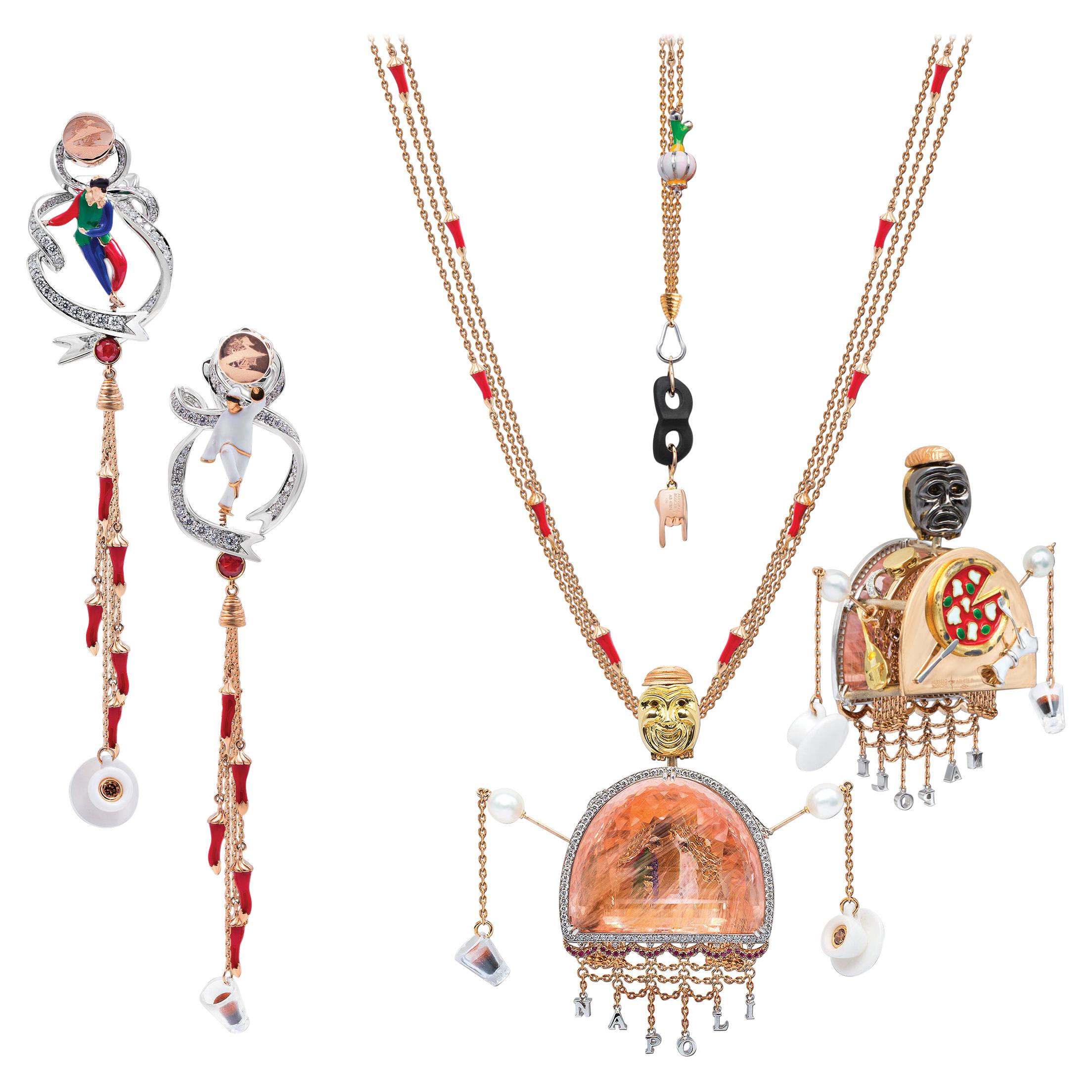 Set aus Halskette und Ohrringen, 18 Karat Weiß-/Roségold, Diamanten, Rubine, Morganit