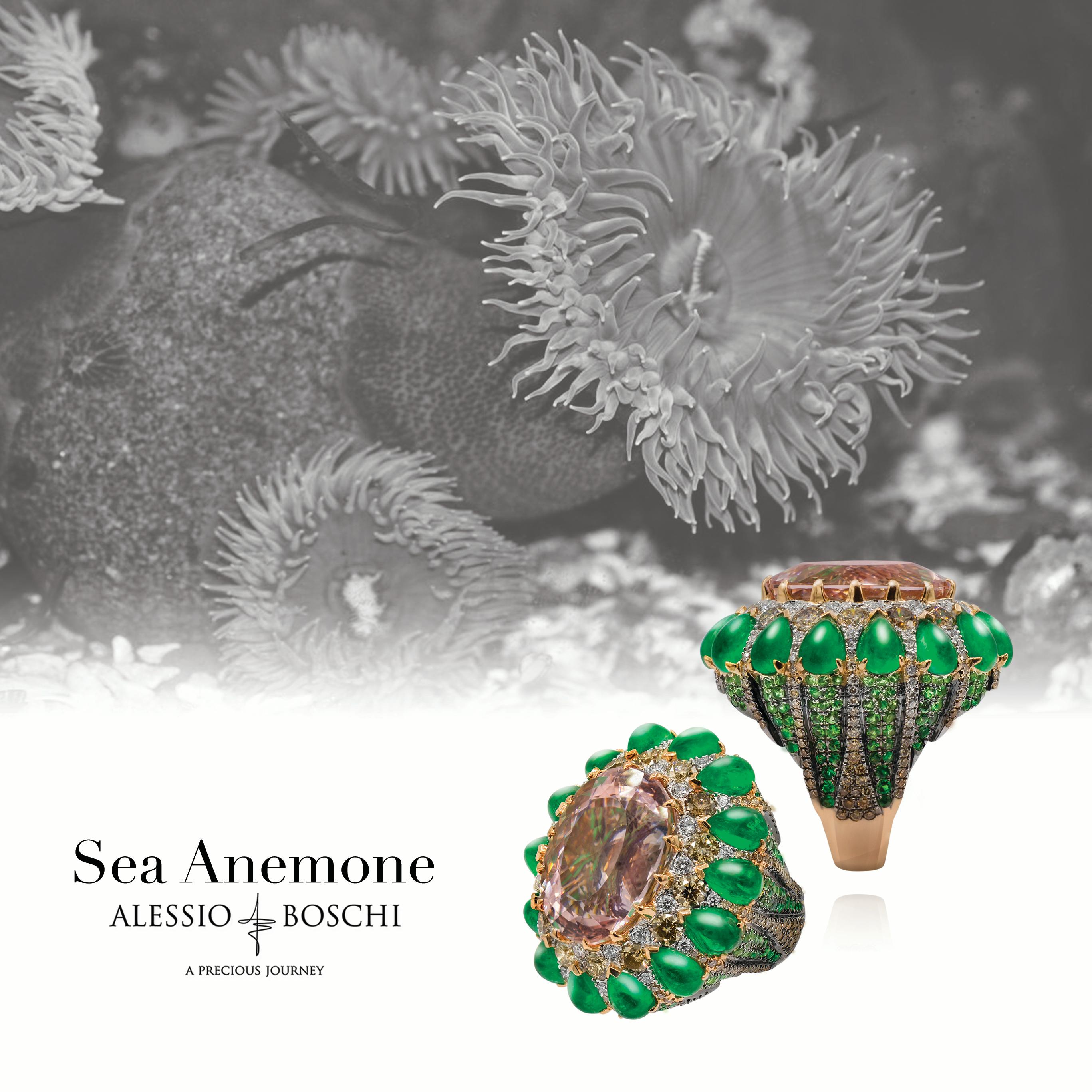 18K White/Rose Gold, Diamonds, Tsavorites, Aquamarine, Emeralds, Morganite, Ring In Excellent Condition For Sale In Bangkok, TH