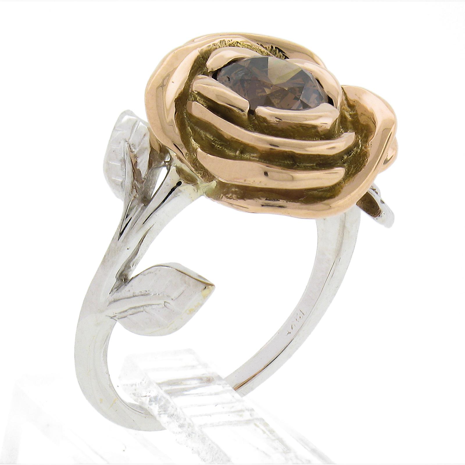 18k White & Rose Gold GIA 1.04ct Round Fancy Orange Brown Diamond Flower Ring For Sale 5