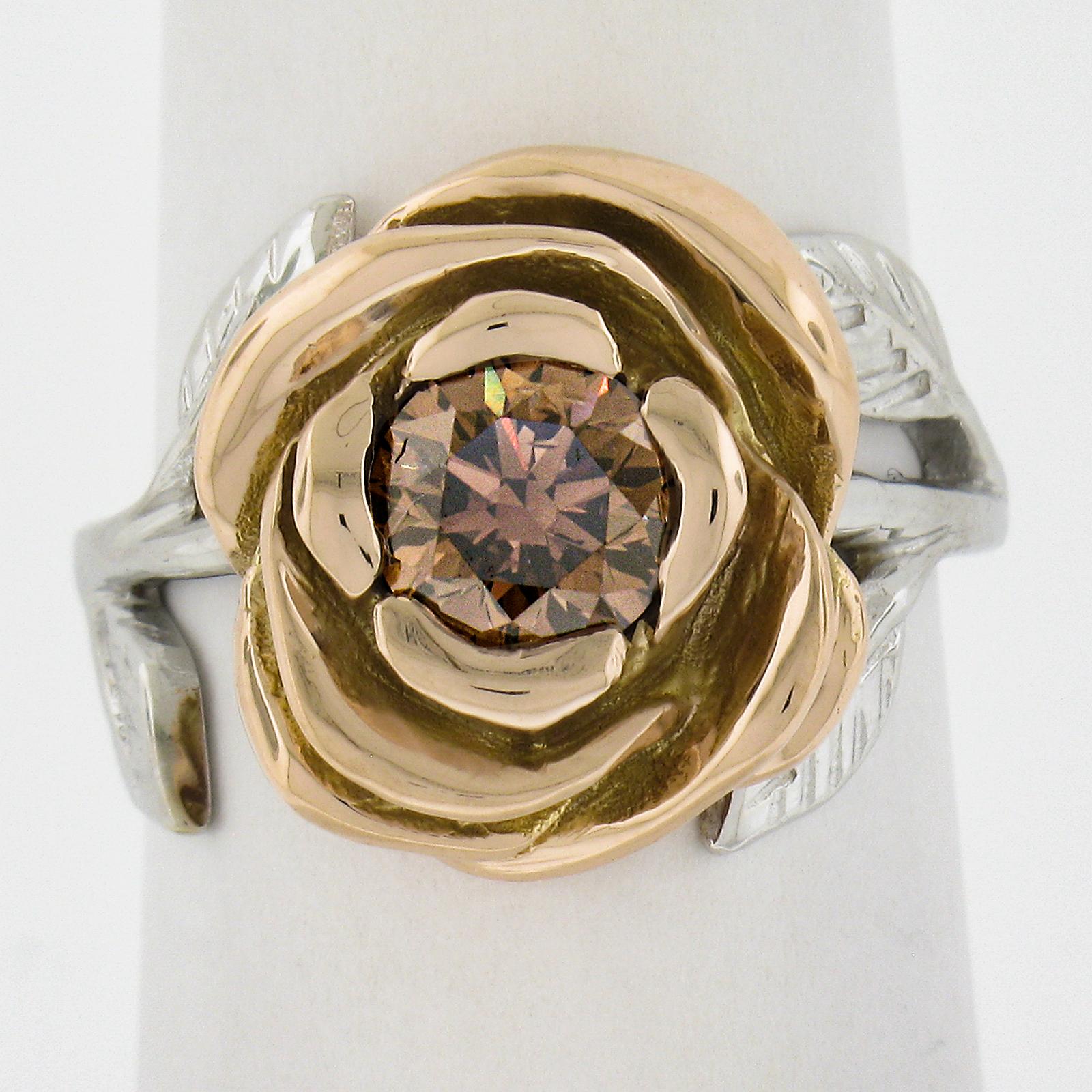 Round Cut 18k White & Rose Gold GIA 1.04ct Round Fancy Orange Brown Diamond Flower Ring For Sale