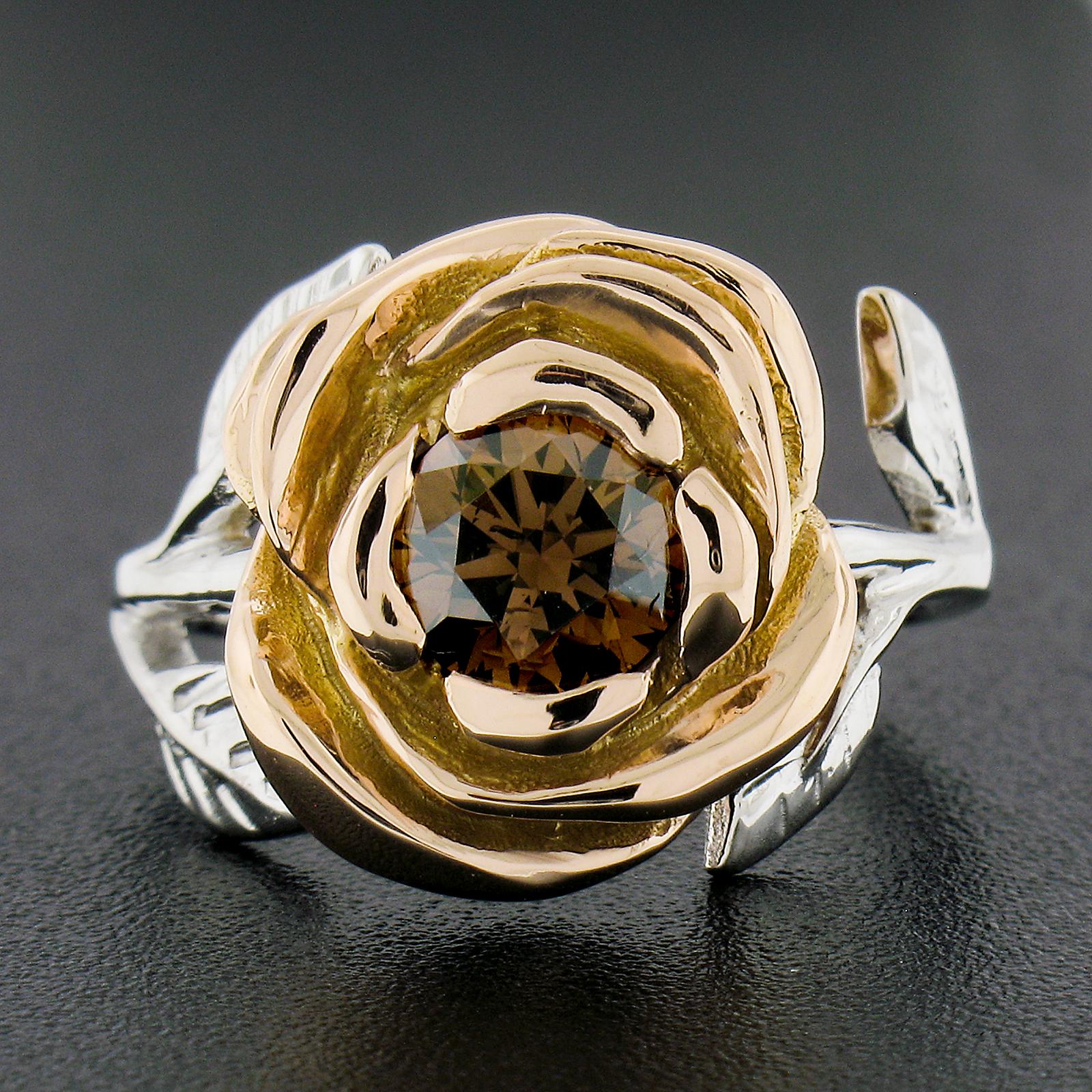 18k White & Rose Gold GIA 1.04ct Round Fancy Orange Brown Diamond Flower Ring In Excellent Condition For Sale In Montclair, NJ