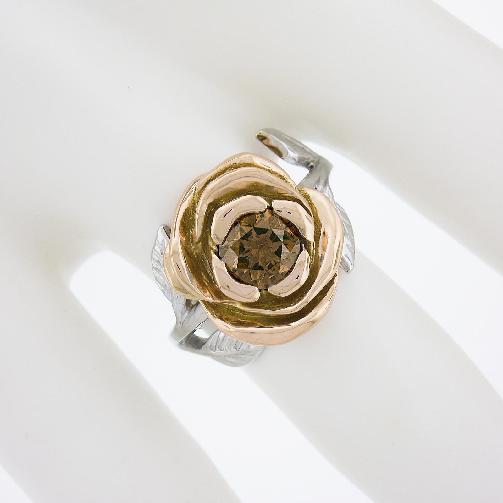 Women's 18k White & Rose Gold GIA 1.04ct Round Fancy Orange Brown Diamond Flower Ring For Sale