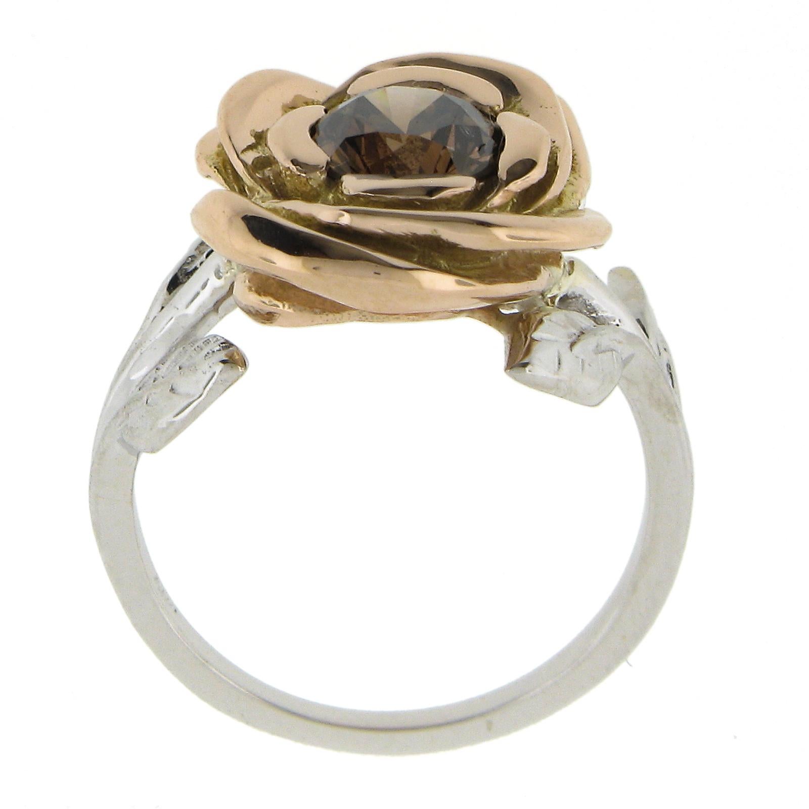 18k White & Rose Gold GIA 1.04ct Round Fancy Orange Brown Diamond Flower Ring For Sale 4