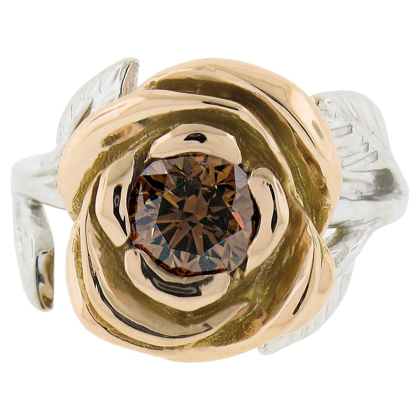 18k White & Rose Gold GIA 1.04ct Round Fancy Orange Brown Diamond Flower Ring For Sale
