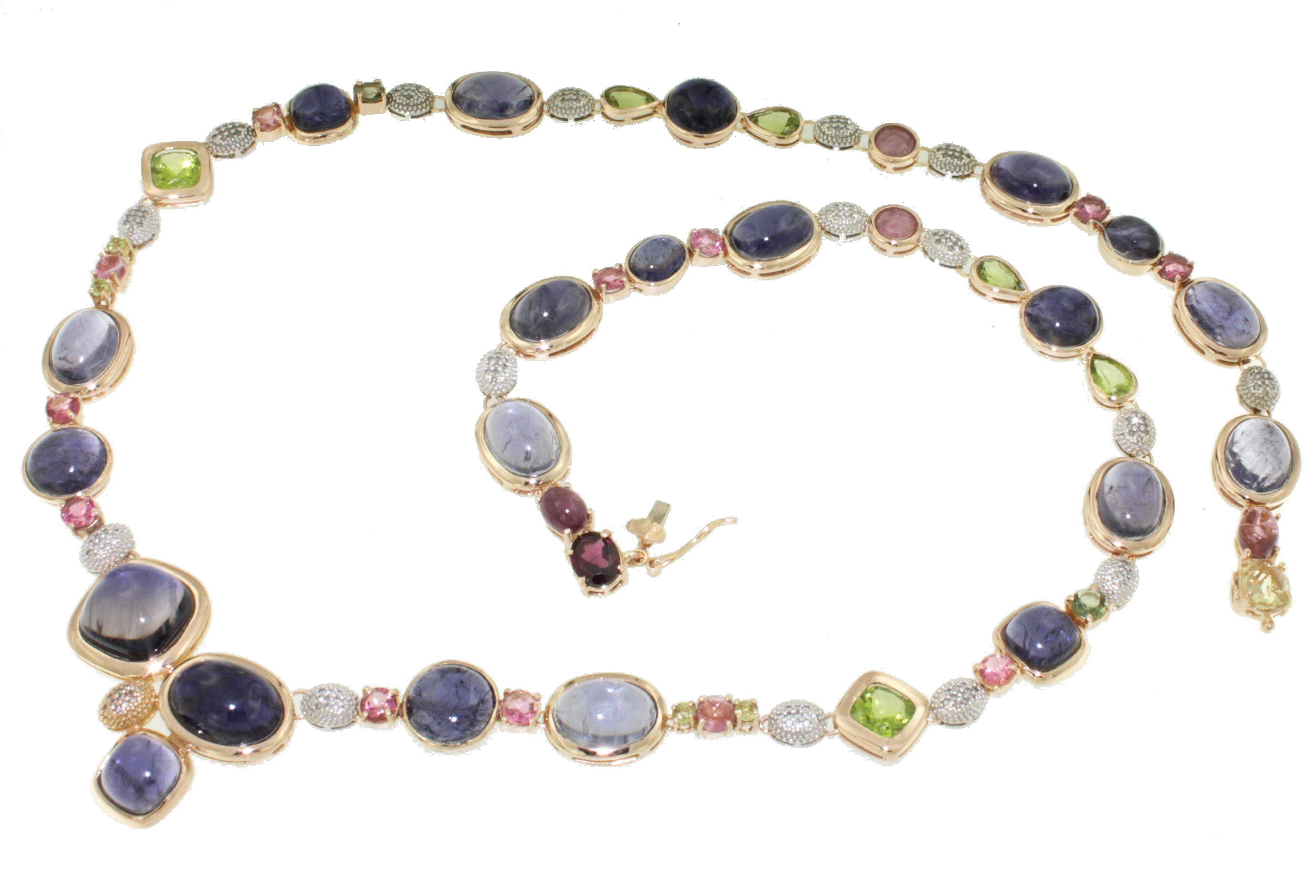 Moderne Or blanc 18 carats, tourmaline, tourmaline et péridot  Collier moderne unique en diamants en vente
