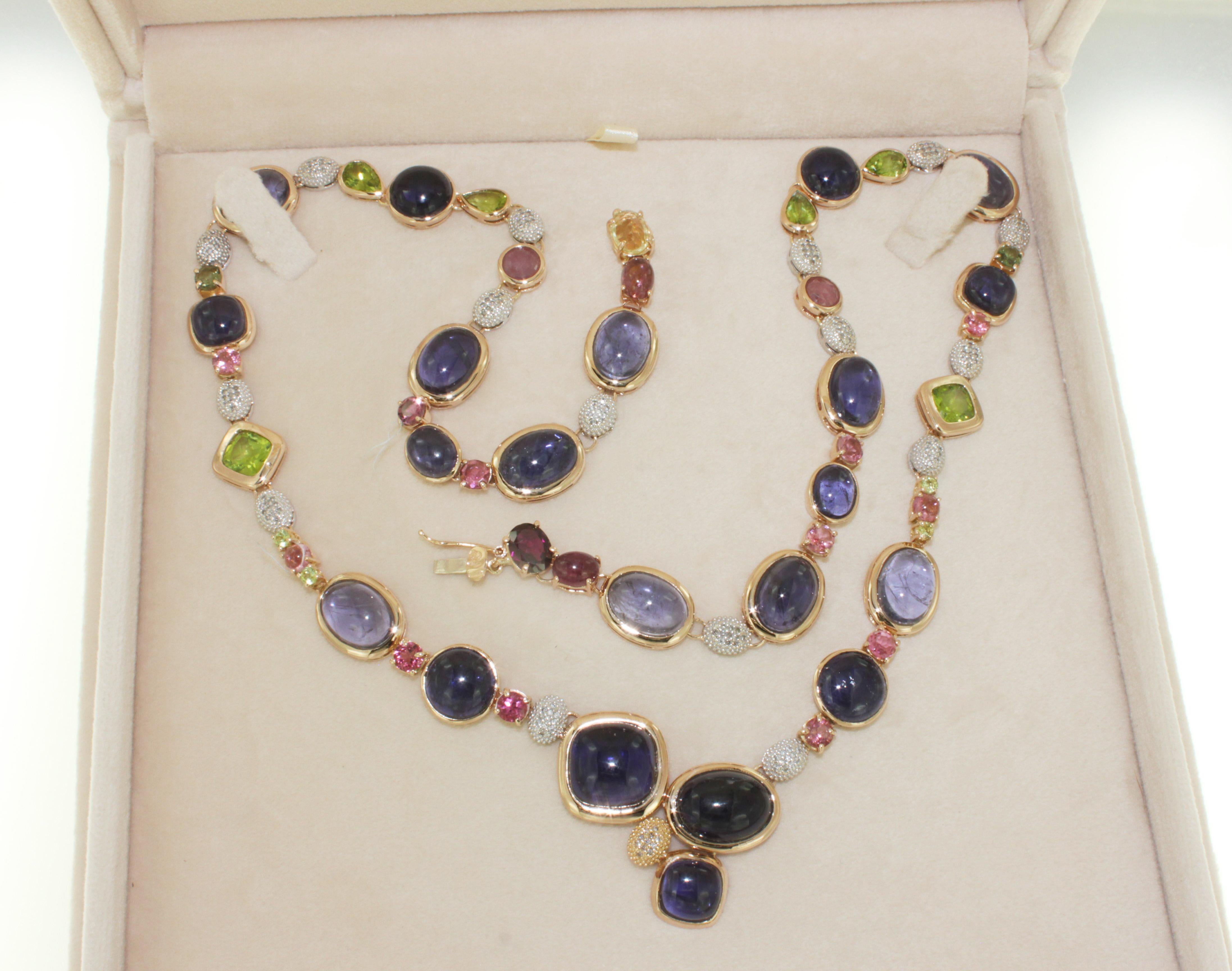 Or blanc 18 carats, tourmaline, tourmaline et péridot  Collier moderne unique en diamants Neuf - En vente à GALLARATE, IT