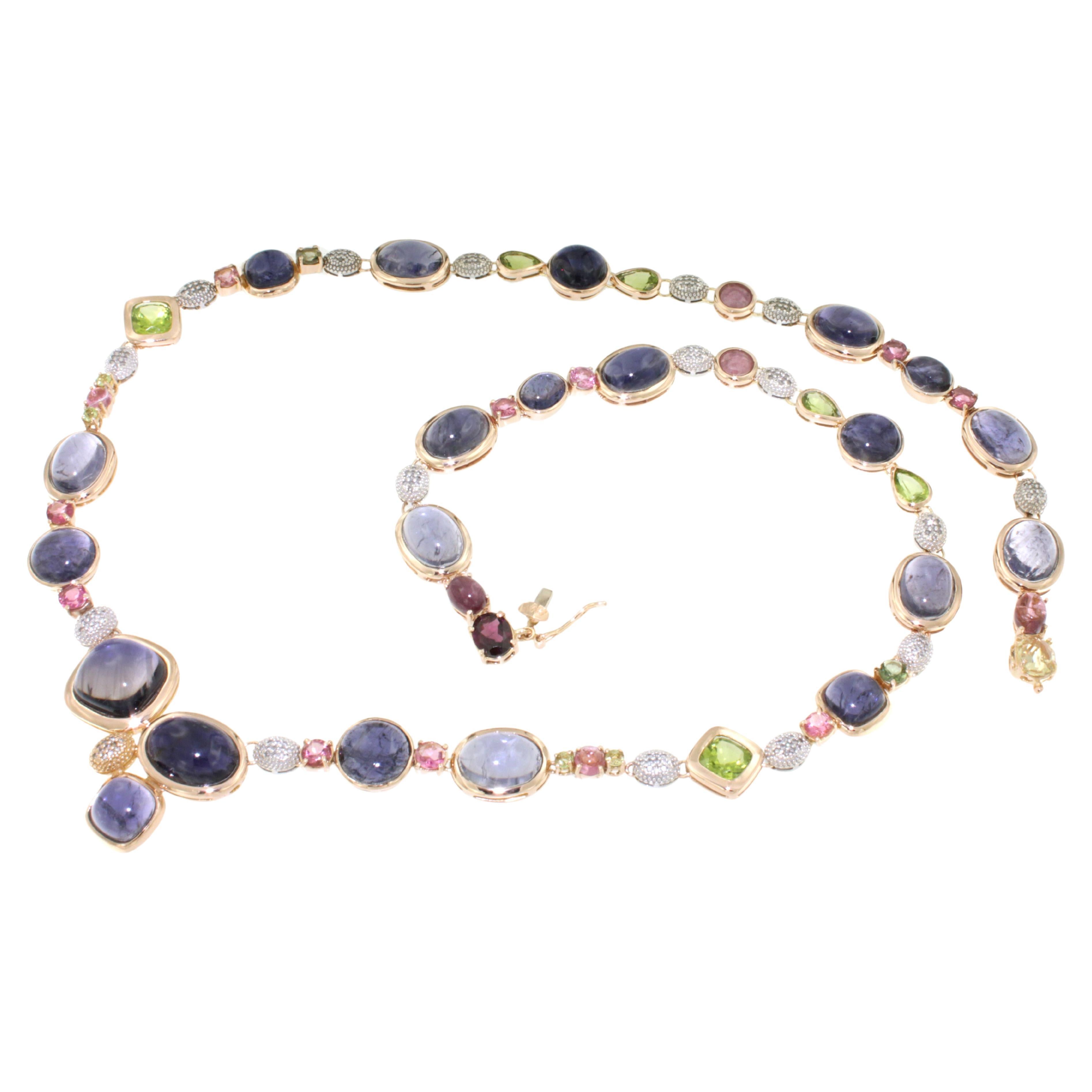 18k White Rose Gold Iolite Tourmaline Peridot  Diamond Unique Modern Necklace