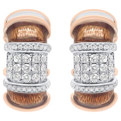 18K White & Rose Gold over Silver Clear Brown Enamel 1/6ct Diamond Hoop Earrings