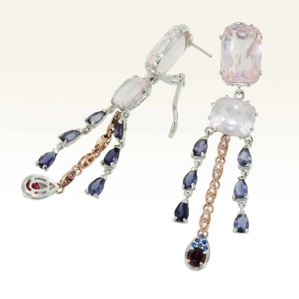 Modern 18k White Rose Gold with Pink Quartz Iolite Pink Tourmaline Diamonds Earrings For Sale