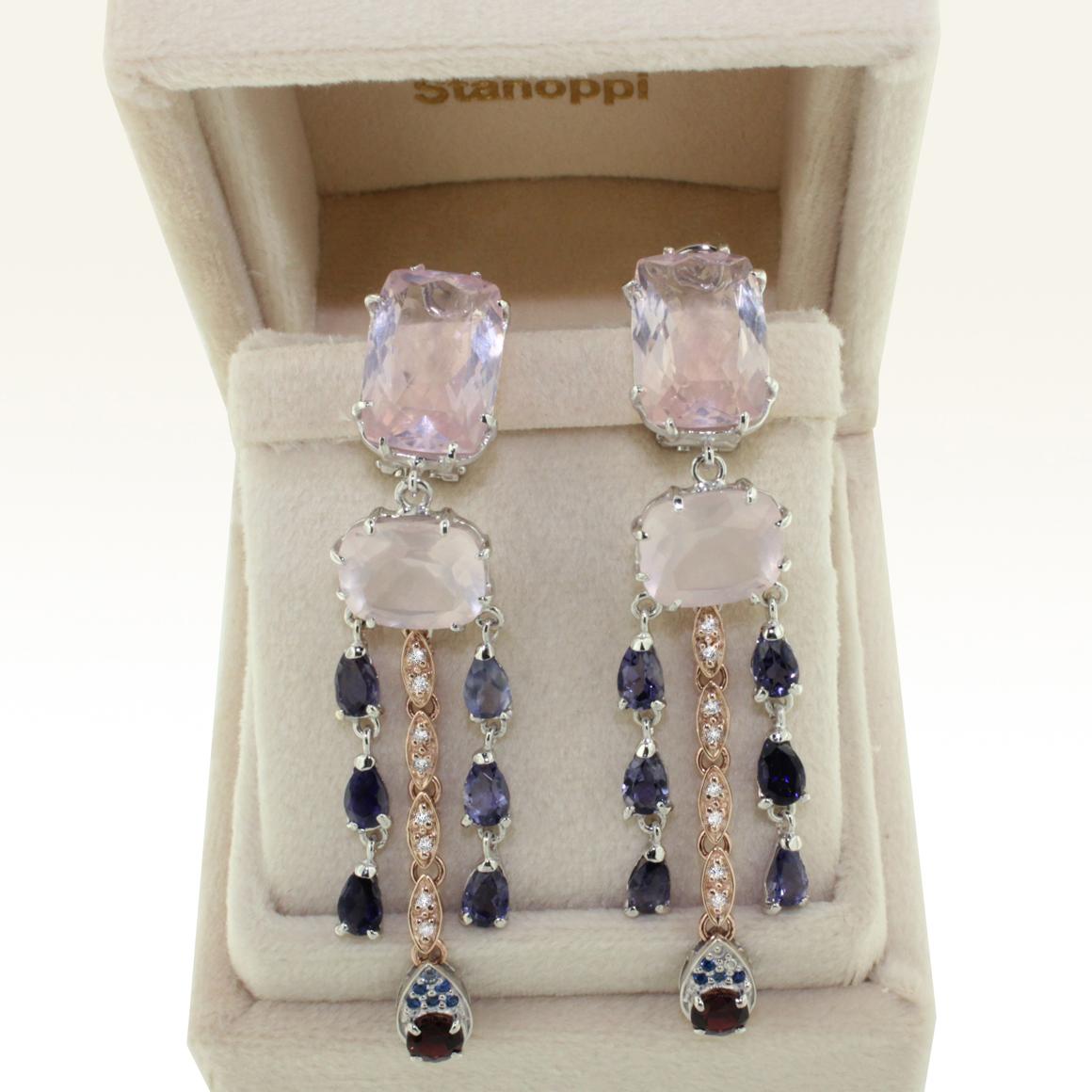 18k White Rose Gold with Pink Quartz Iolite Pink Tourmaline Diamonds Earrings In New Condition For Sale In GALLARATE, IT