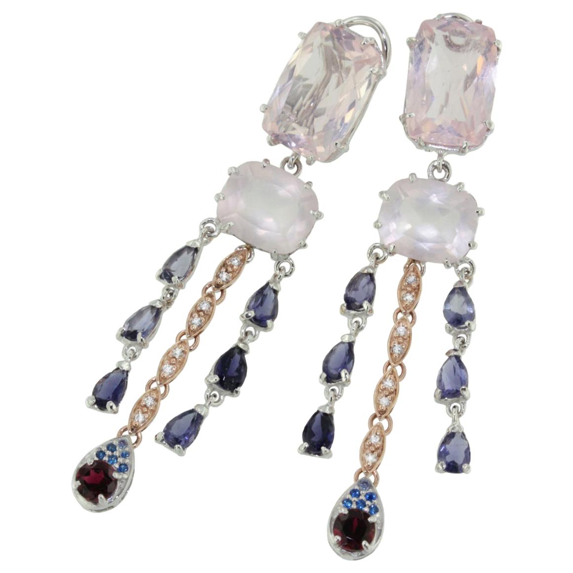 18k White Rose Gold with Pink Quartz Iolite Pink Tourmaline Diamonds Earrings For Sale