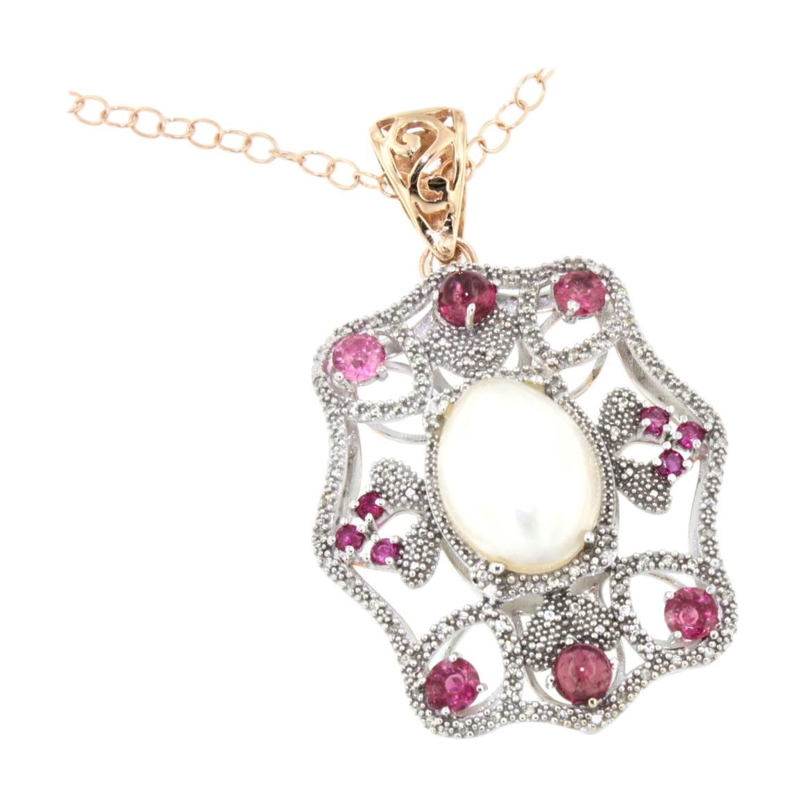 Chaîne avec pendentif en or rose blanc 18 carats avec tourmaline, perle et diamants blancs