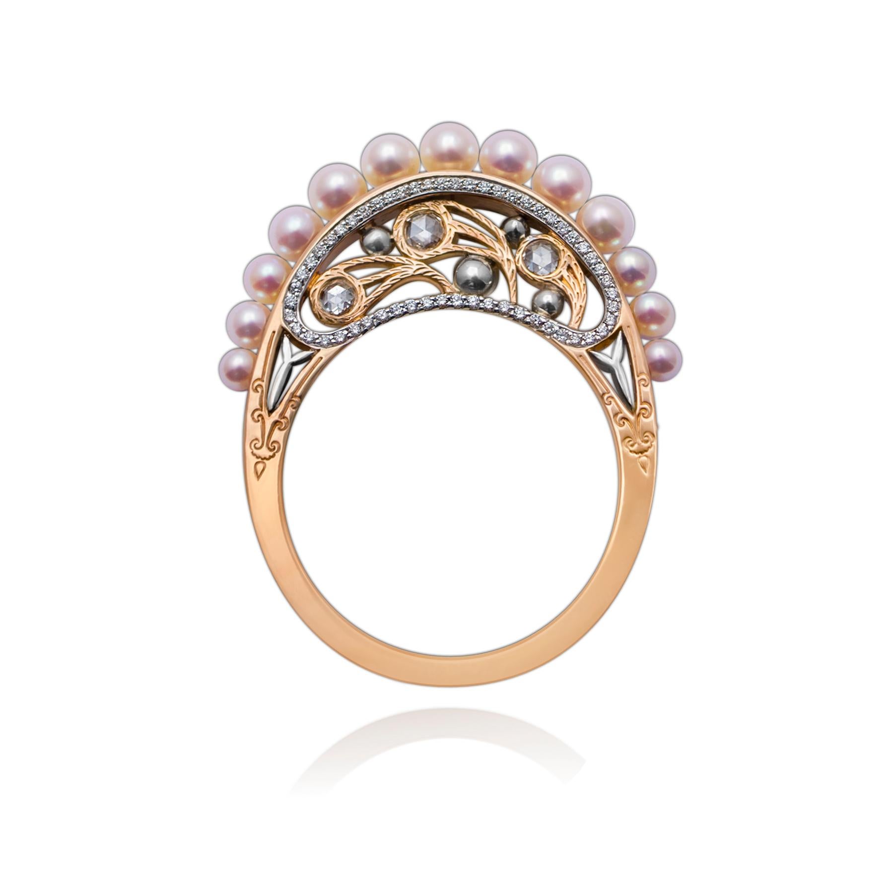 White Gold Ring 5.08 gms: White Diamonds 0.41 cts, Baby Akoya Silver 13 pcs (from 3.5 mm to 2.2 mm)                           SIZE: EU 54, US 7.00 
Rose Gold Ring 4.51 gms: White Diamonds WD 0.41 cts, Baby Akoya Silver 13 pcs (from 3.5 mm to 2.2 mm)