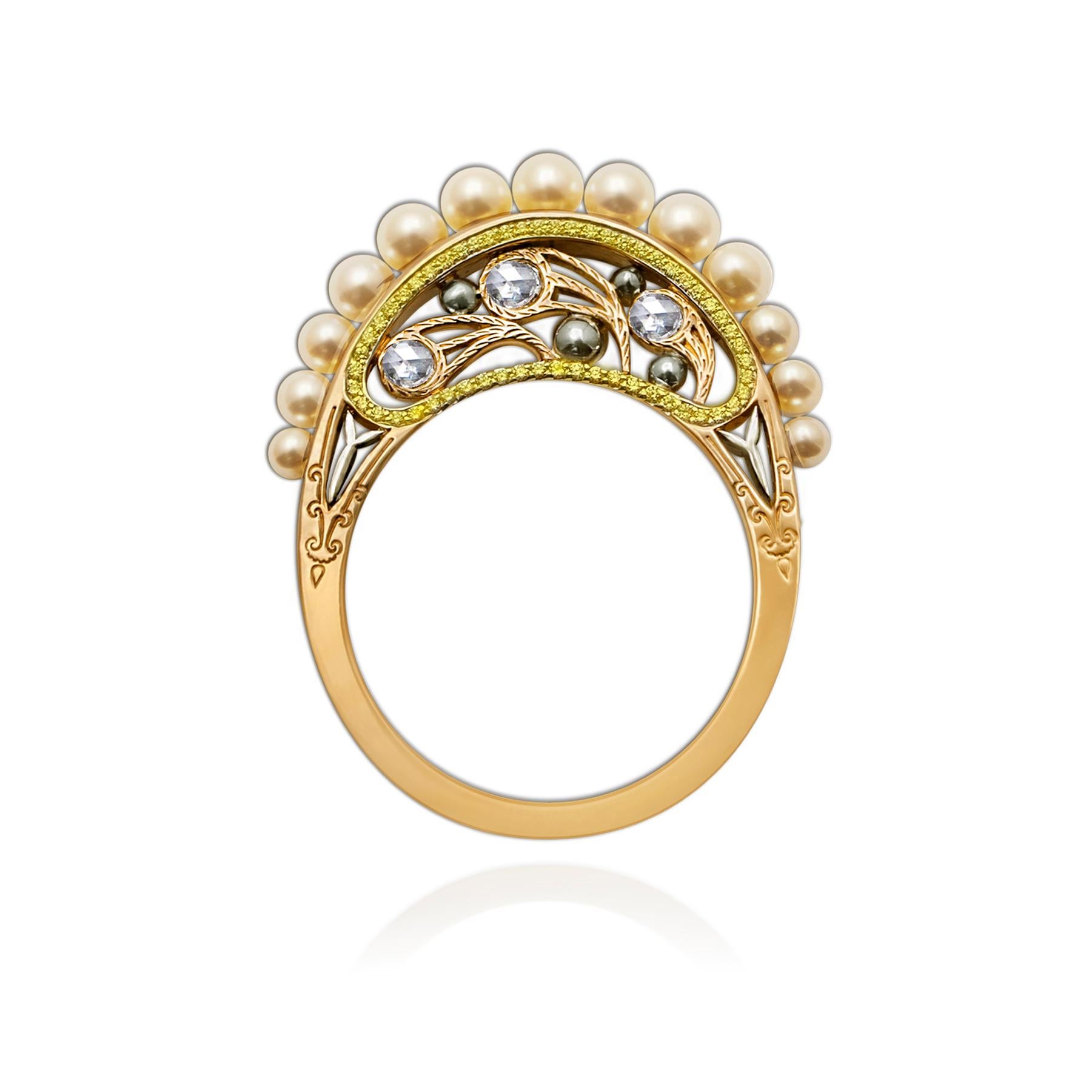 18 Karat Weiß-/Rose-/Gelbgold, Diamanten, Baby- Akoya-Perlen, Ring (Rosenschliff) im Angebot