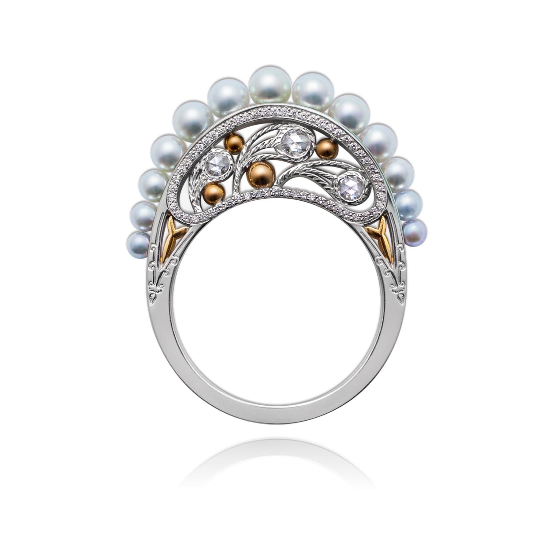 Rose Cut 18K White/Rose/Yellow Gold, Diamonds, Baby Akoya Pearls, Ring For Sale