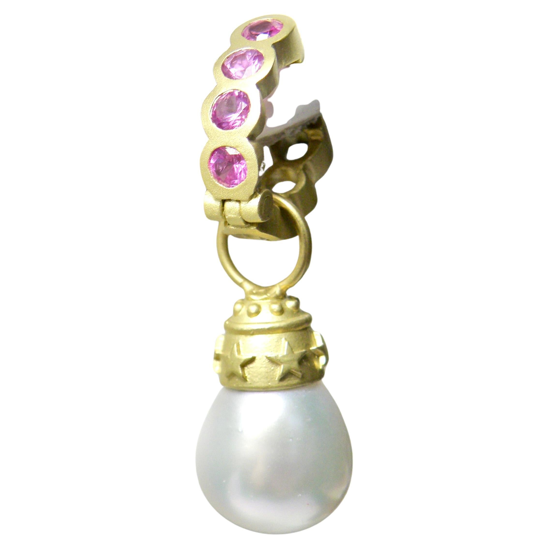 18k white south sea pearl earrings w pink sapphire/diamond Huggies