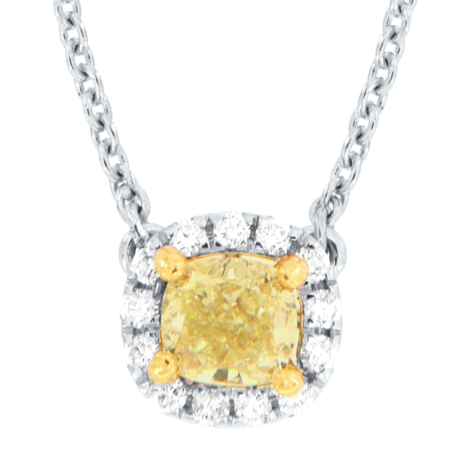 Cushion Cut 18K White & Yellow Gold 0.31 Carat Cushion Yellow Diamond Halo Necklace For Sale