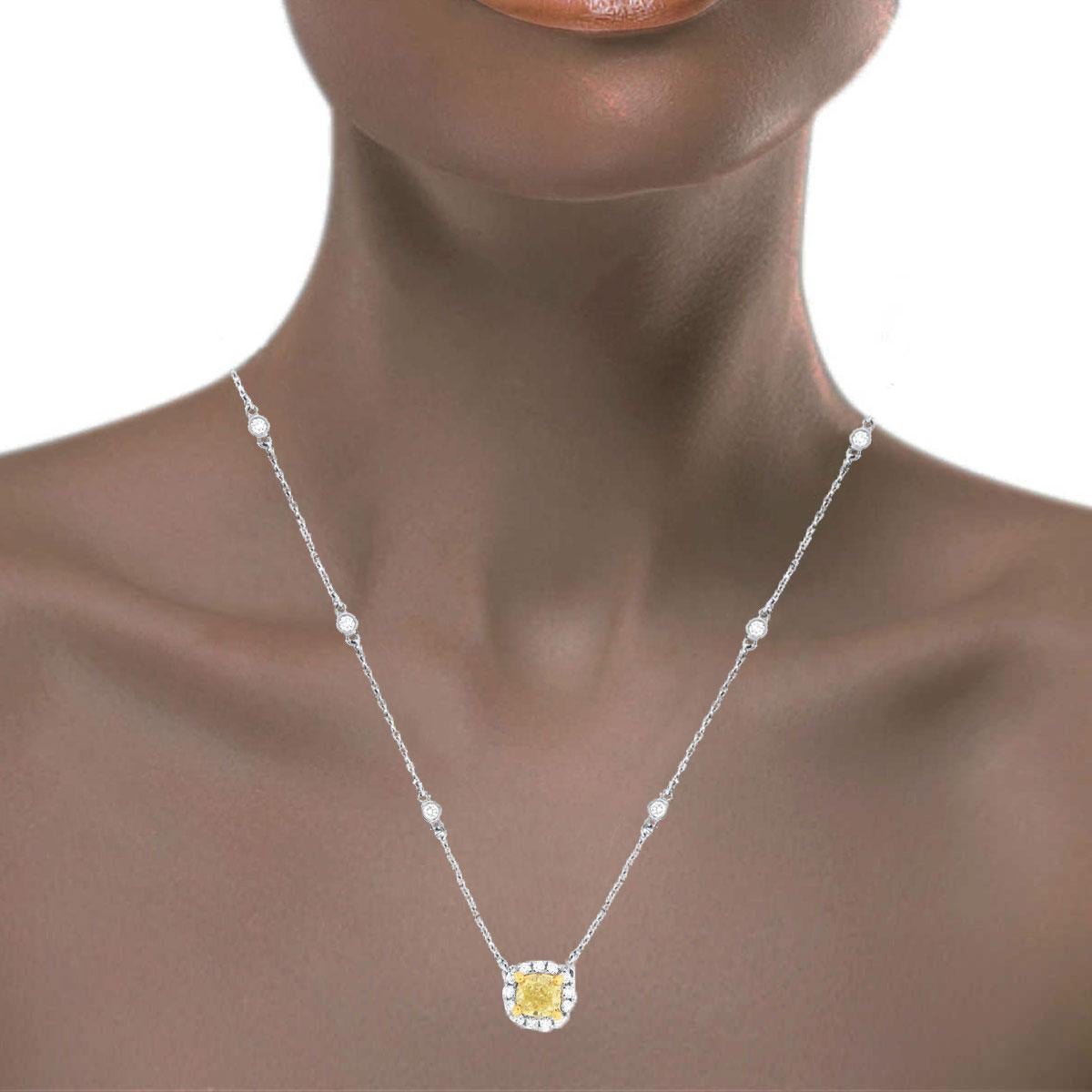 Women's 18K White & Yellow Gold 0.31 Carat Cushion Yellow Diamond Halo Necklace For Sale