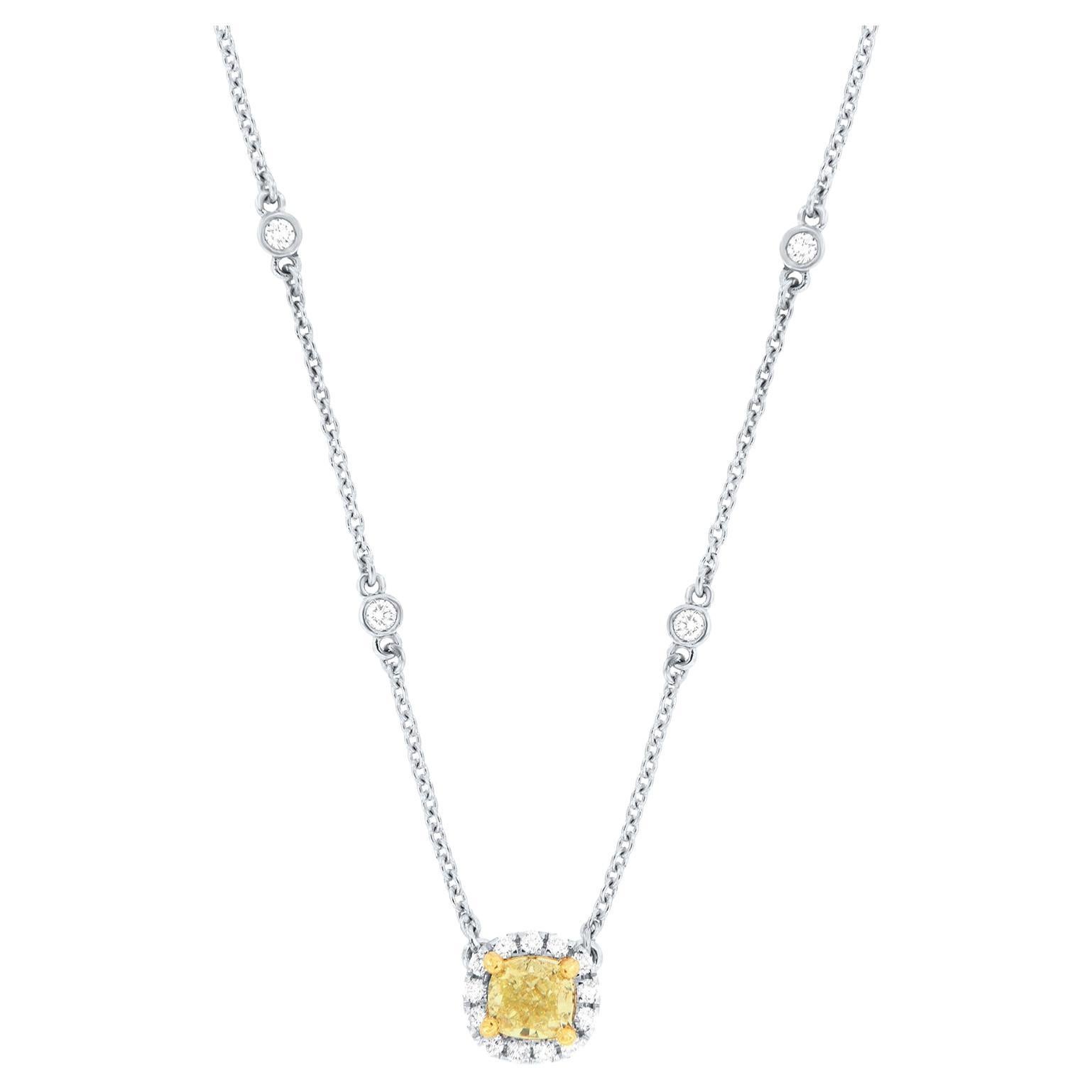18K White & Yellow Gold 0.31 Carat Cushion Yellow Diamond Halo Necklace For Sale