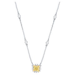 18K White & Yellow Gold 0.31 Carat Cushion Yellow Diamond Halo Necklace