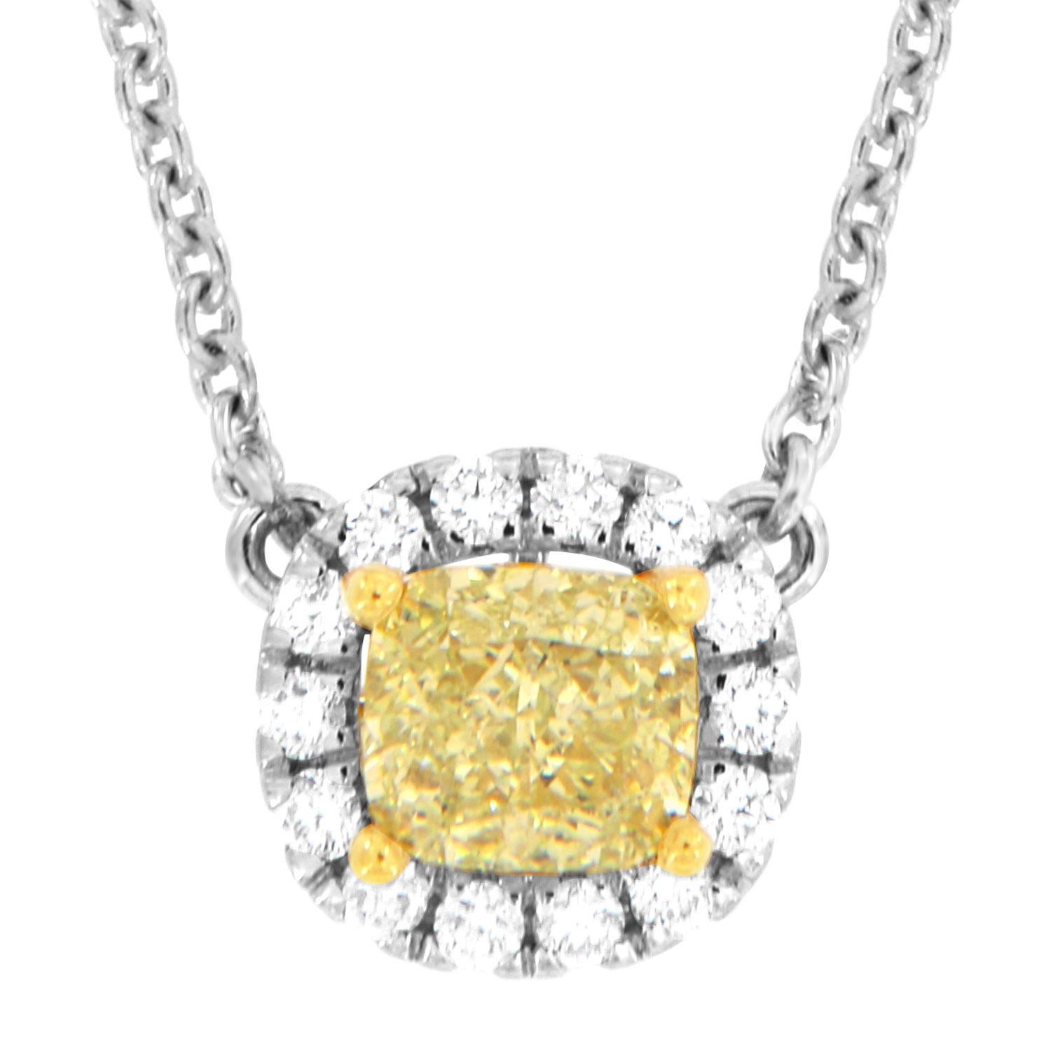 Cushion Cut 18K White & Yellow Gold 0.52 Carat Elongated Cushion Yellow Diamond Necklace For Sale