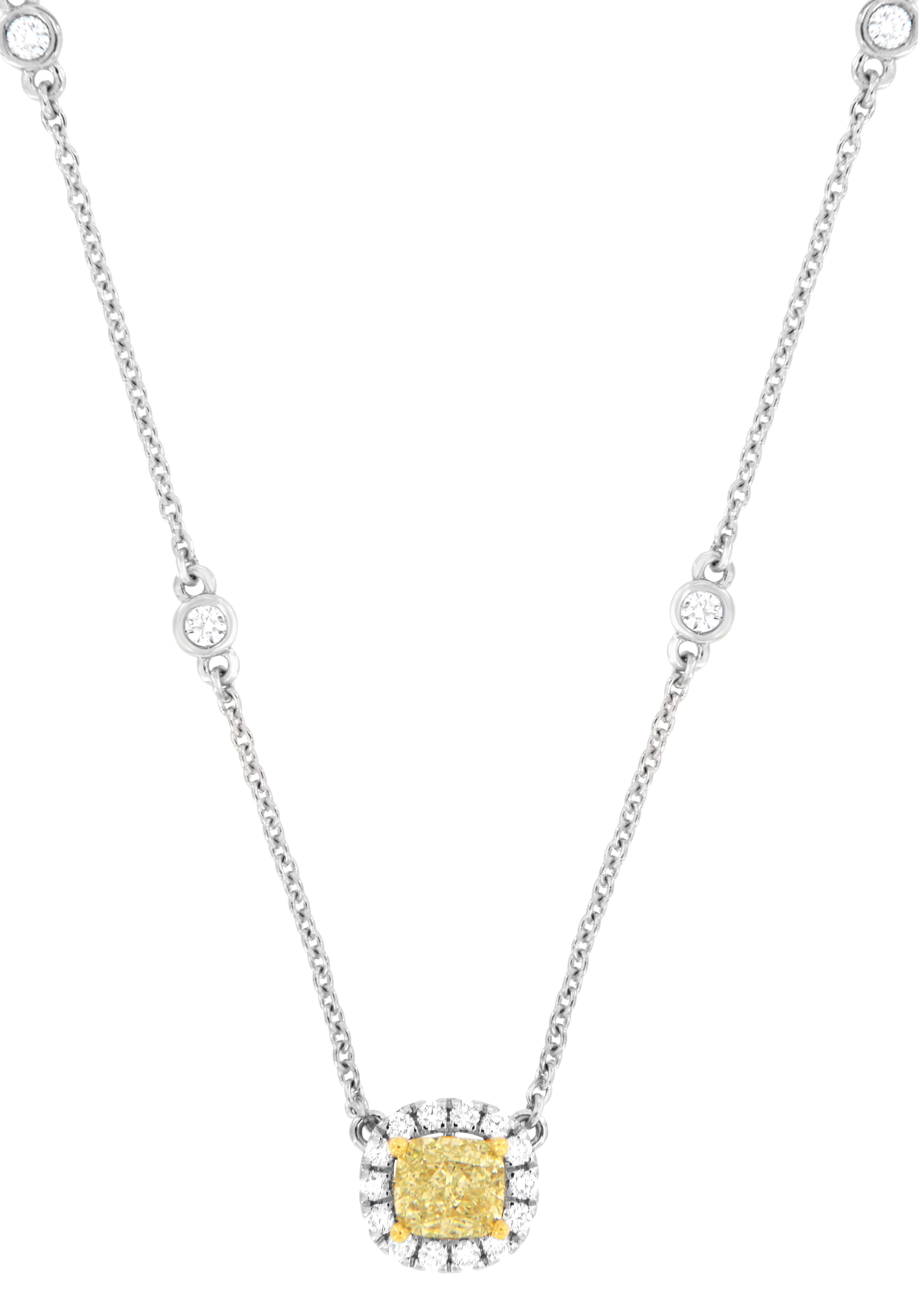 18K White & Yellow Gold 0.52 Carat Elongated Cushion Yellow Diamond Necklace For Sale