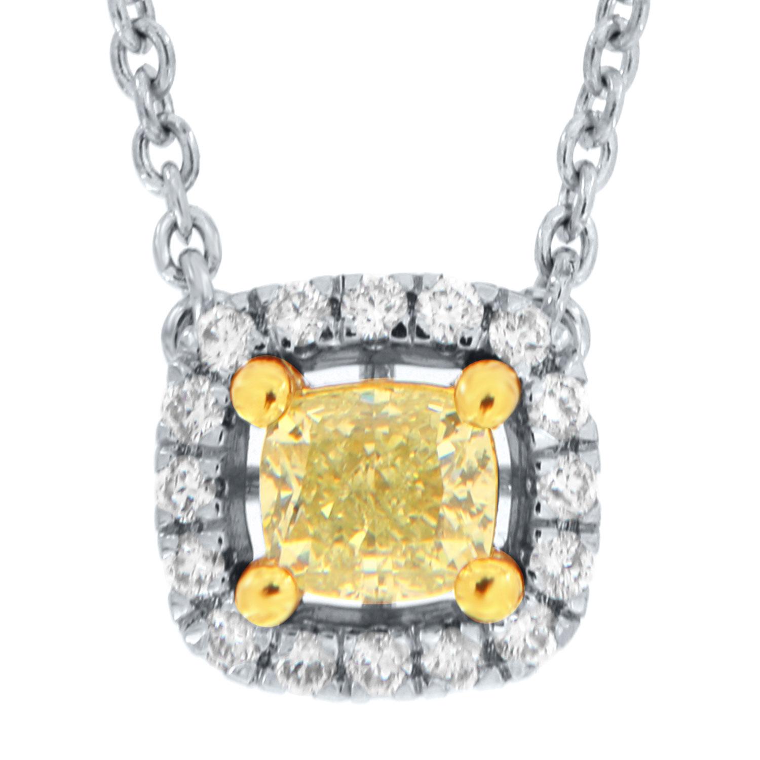 Cushion Cut 18K White & Yellow Gold 0.55 Carat Yellow Halo Diamond Necklace For Sale