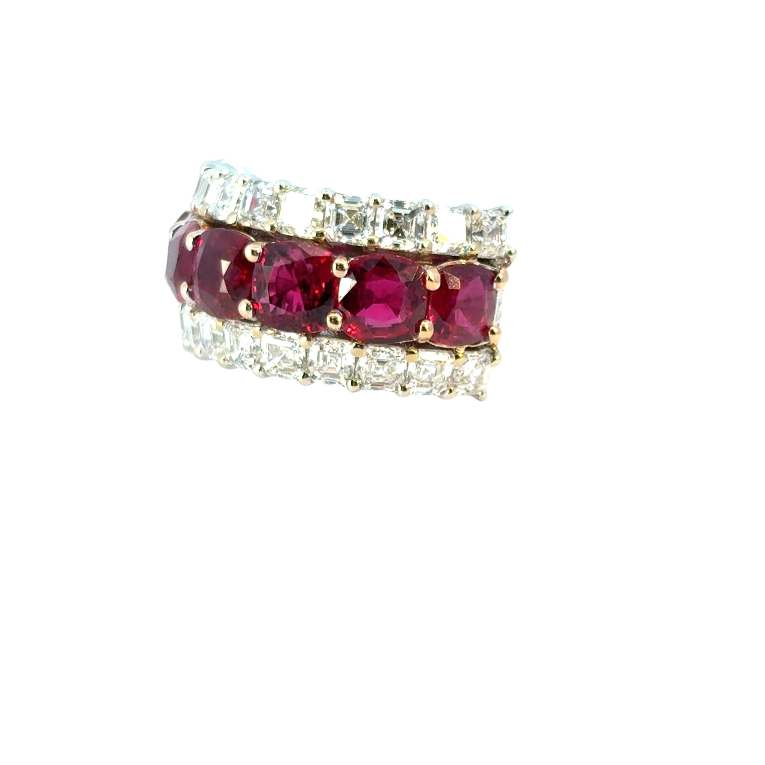 18k White & Yellow Gold 3 Row 4.85ctw Ruby Natural Asscher Cut Diamond Ring Band For Sale 6