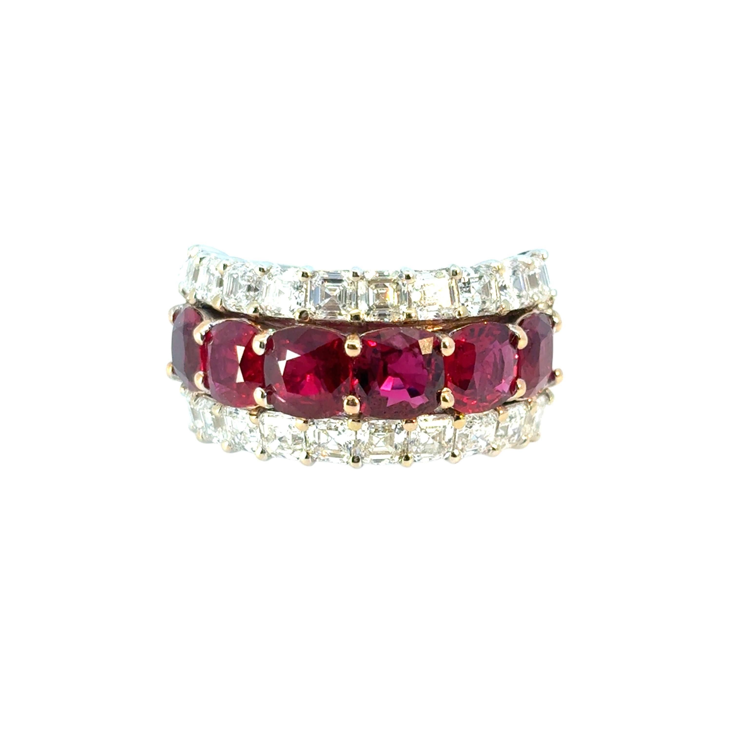 18k White & Yellow Gold 3 Row 4.85ctw Ruby Natural Asscher Cut Diamond Ring Band For Sale 8