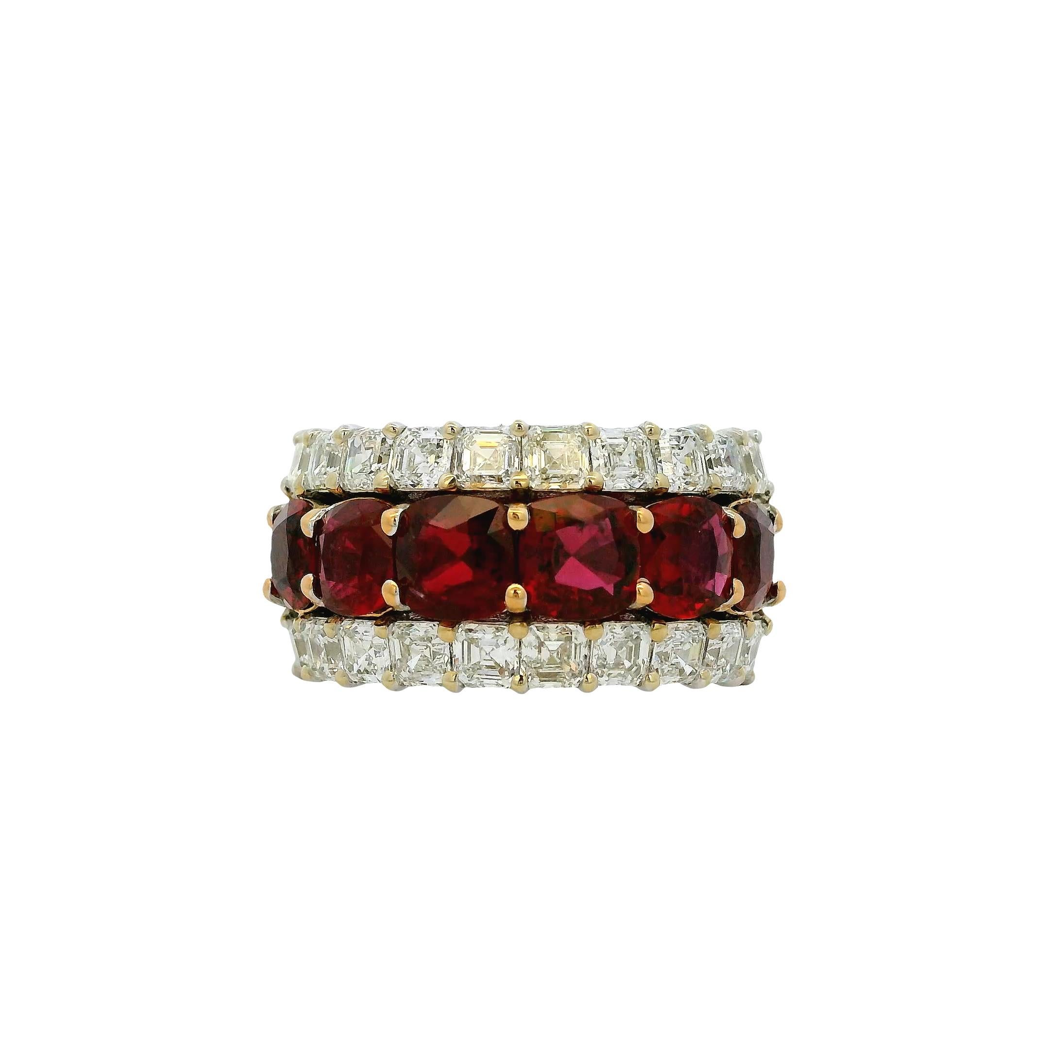 18k Weiß- und Gelbgold 3 Reihen 4.85ctw Rubin und 2.96ctw natürlicher Asscherschliff Diamantring breites Band

Dieser atemberaubende 3reihige Rubinring ist in ausgezeichnetem Zustand und sofort versandbereit! 

Stil: Drei Reihen Rubin und Diamant