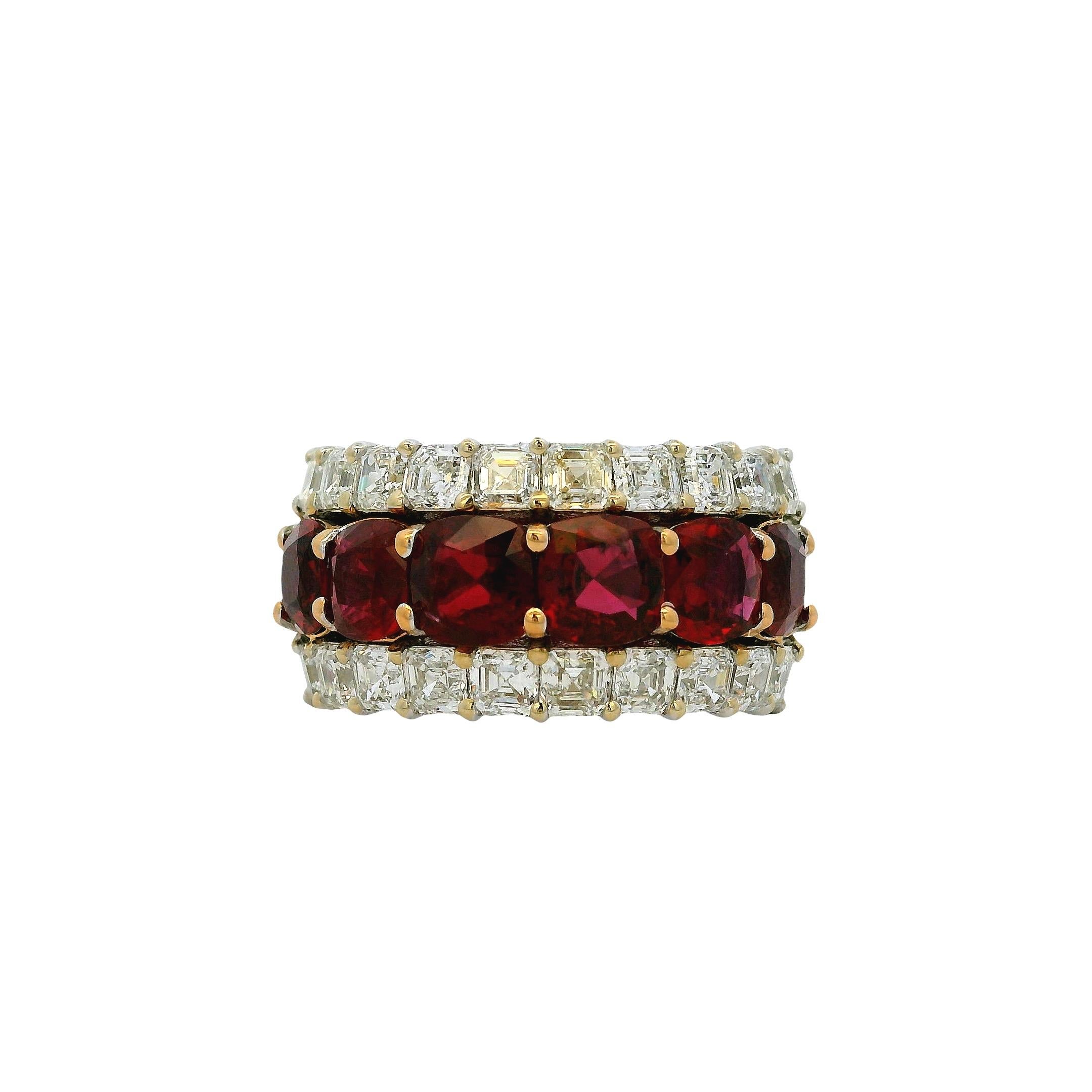 18 Karat Weiß- und Gelbgold 3 Reihen 4,85 Karat Rubin Natürlicher Diamantring mit Asscher-Schliff (Moderne) im Angebot