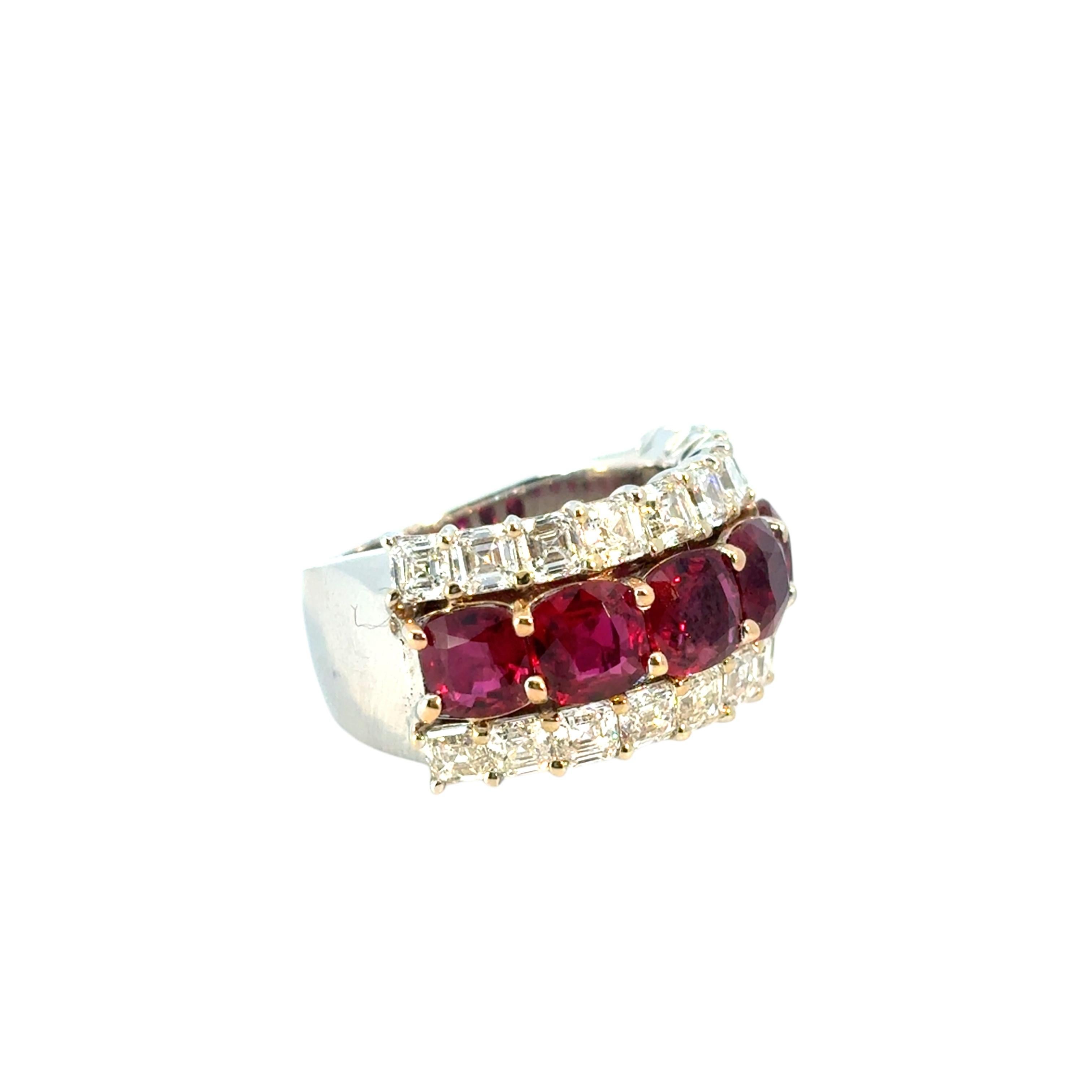 18k White & Yellow Gold 3 Row 4.85ctw Ruby Natural Asscher Cut Diamond Ring Band In New Condition For Sale In Boca Raton, FL
