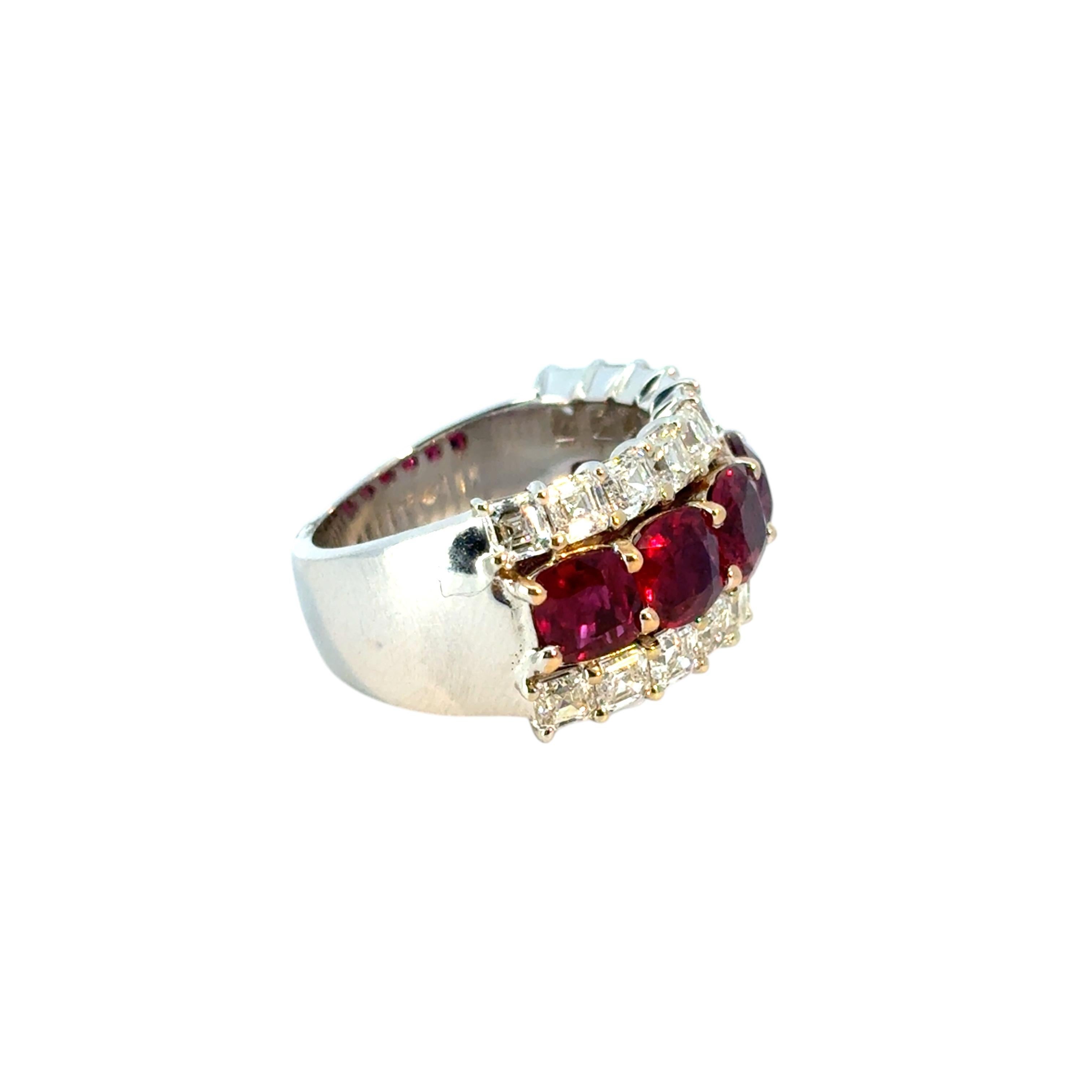 Women's 18k White & Yellow Gold 3 Row 4.85ctw Ruby Natural Asscher Cut Diamond Ring Band For Sale