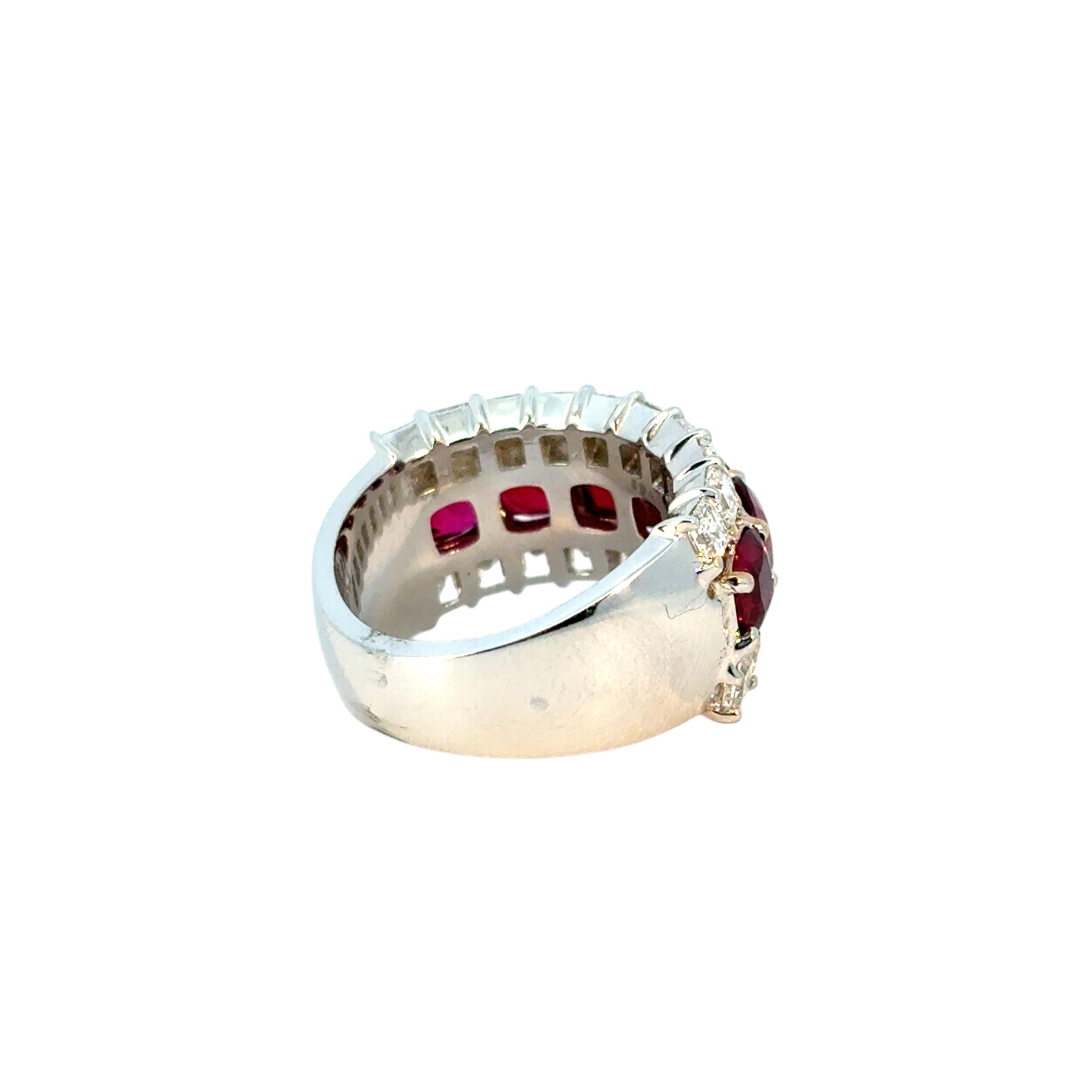 18k White & Yellow Gold 3 Row 4.85ctw Ruby Natural Asscher Cut Diamond Ring Band For Sale 1