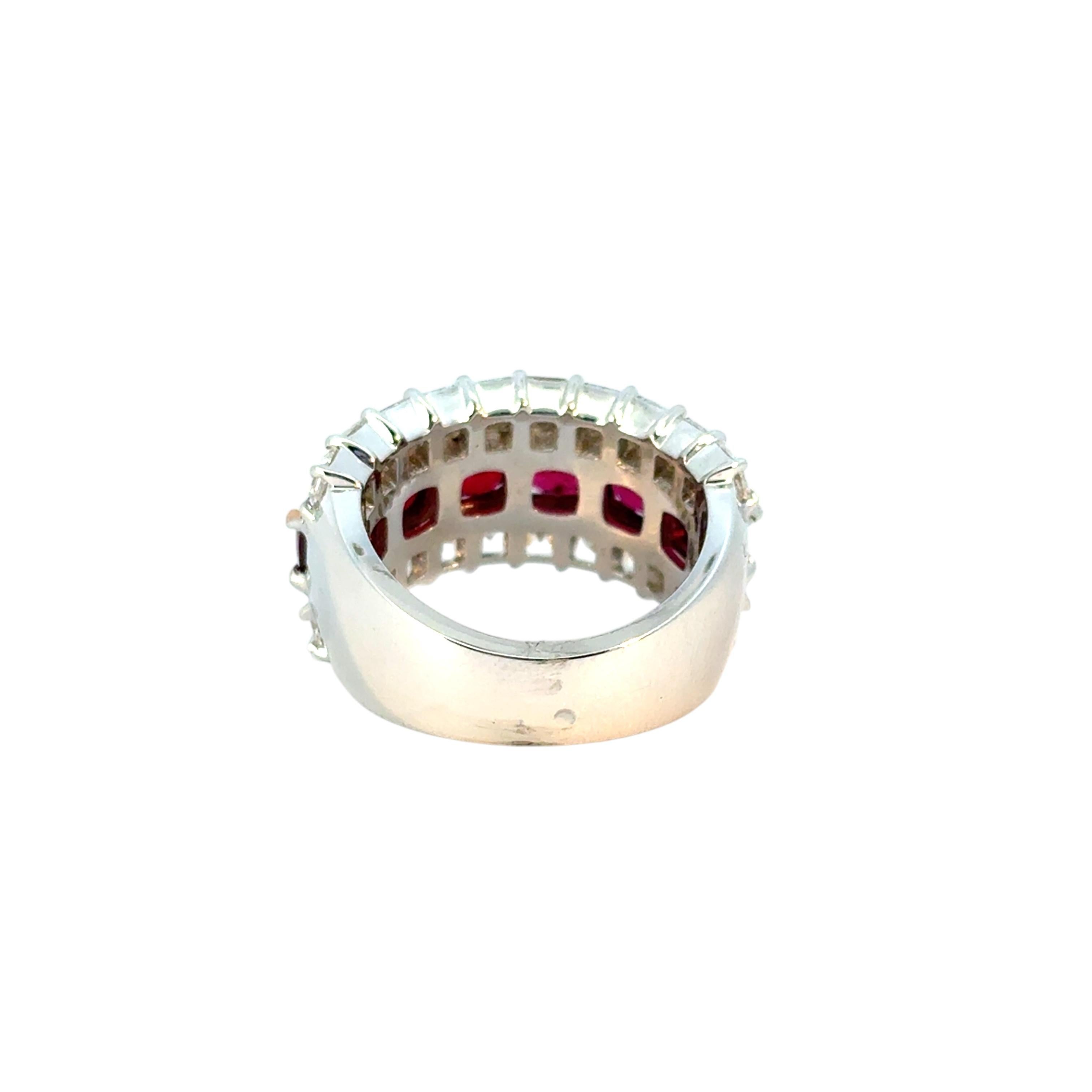 18k White & Yellow Gold 3 Row 4.85ctw Ruby Natural Asscher Cut Diamond Ring Band For Sale 2