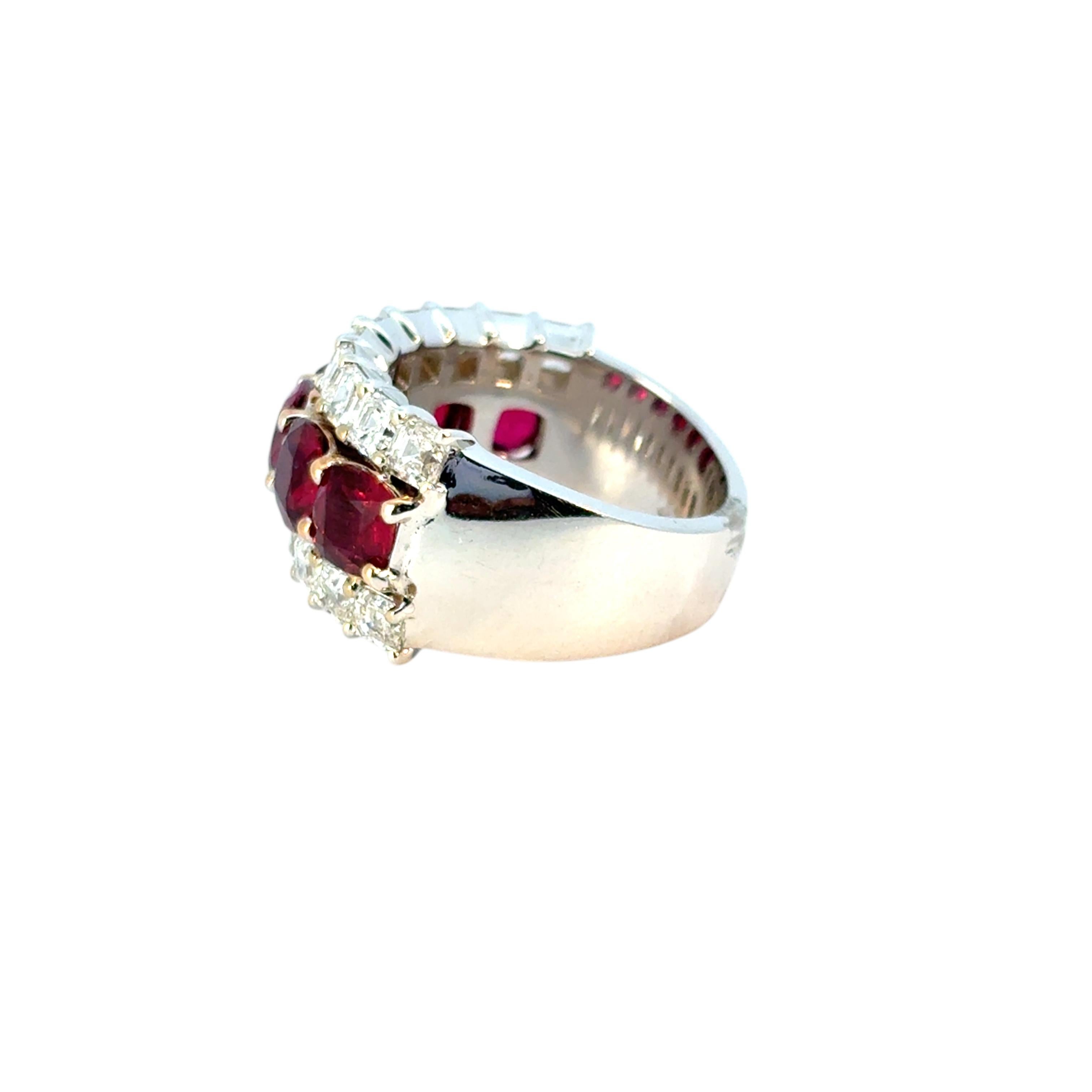 18k White & Yellow Gold 3 Row 4.85ctw Ruby Natural Asscher Cut Diamond Ring Band For Sale 3