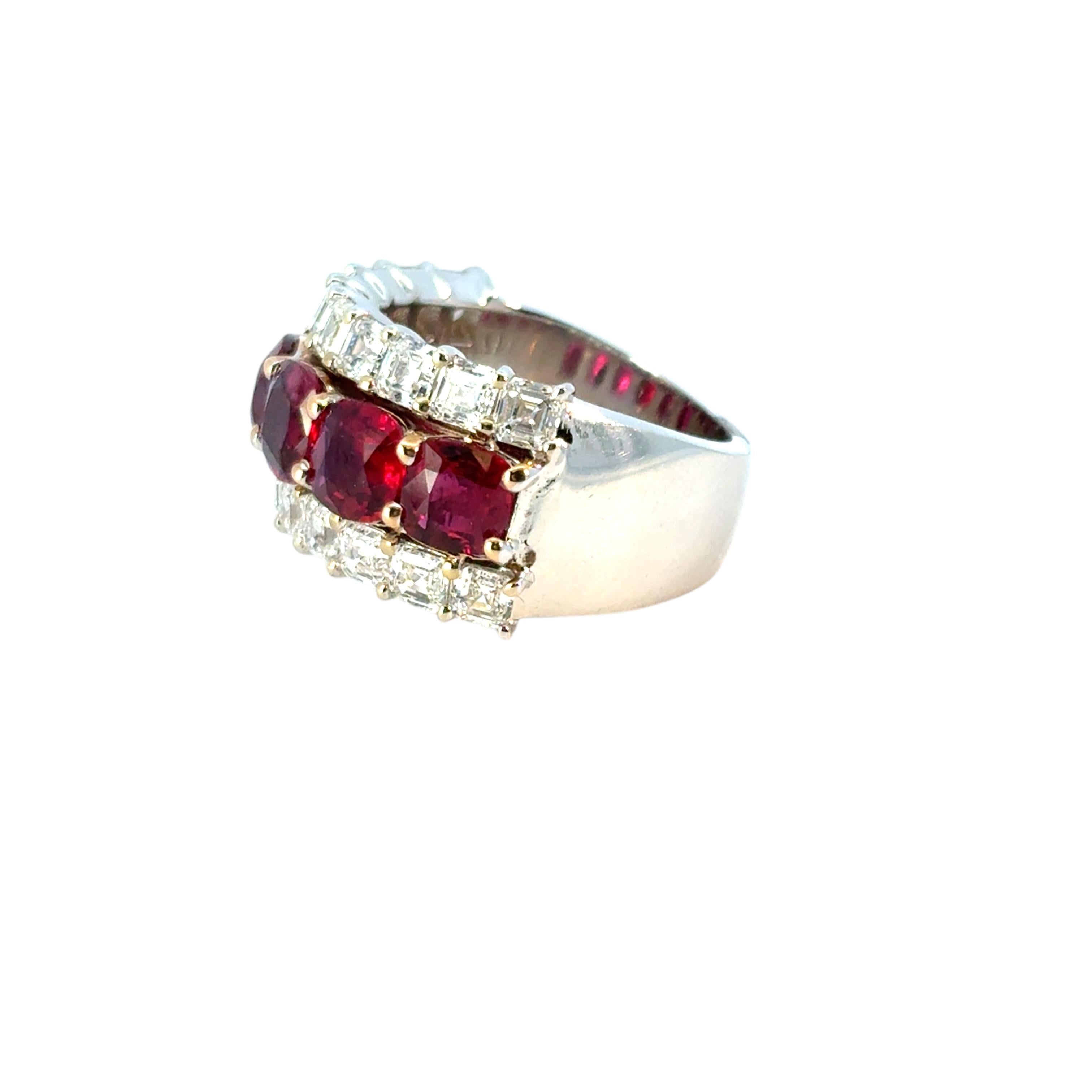 18k White & Yellow Gold 3 Row 4.85ctw Ruby Natural Asscher Cut Diamond Ring Band For Sale 4