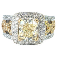 18k White Yellow Gold 3.02ct Fancy Light Yellow Cushion Diamond Engagement Ring