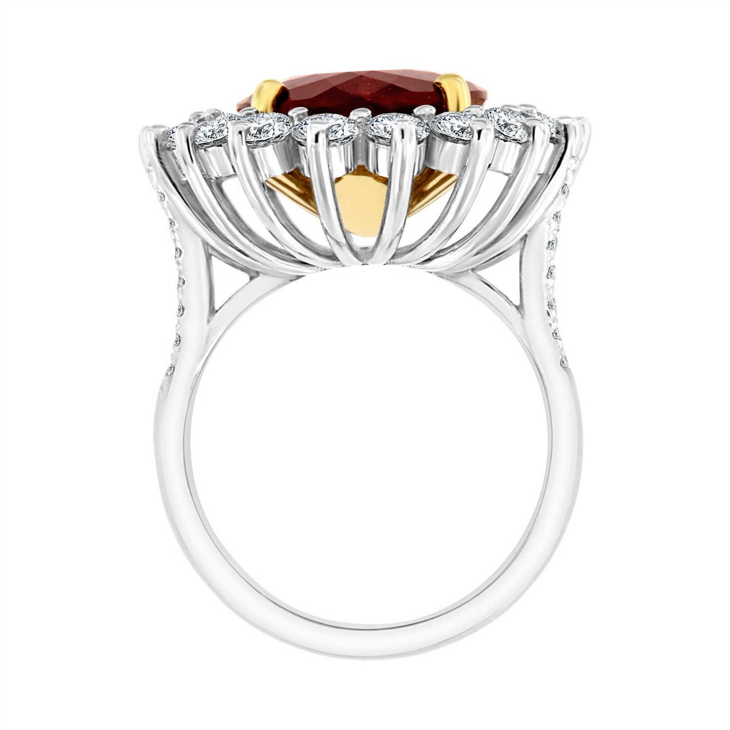 Oval Cut 18K White & Yellow Gold 9.67 Carat Oval Un-Heated Ruby and Diamonds GIA For Sale