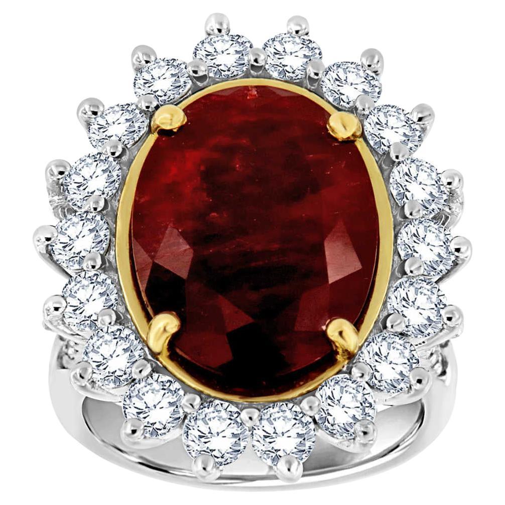 18K White & Yellow Gold 9.67 Carat Oval Un-Heated Ruby and Diamonds GIA For Sale