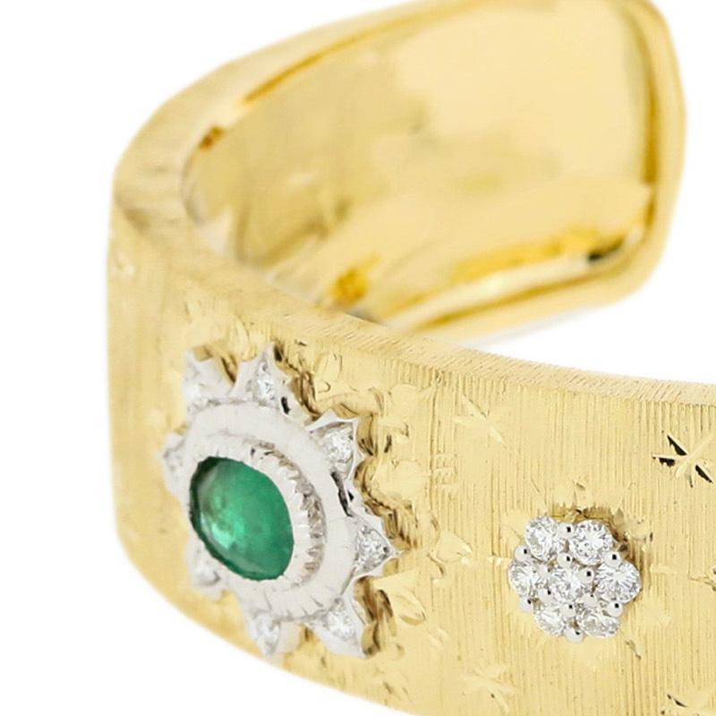 Round Cut 18K White & Yellow Gold Art Deco Emerald Diamond Bracelet in Florentine Finish