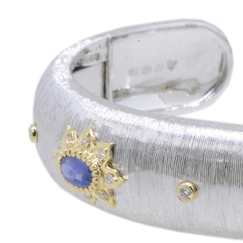 Round Cut 18K White & Yellow Gold Art Deco Sapphire Diamond Bracelet in Florentine Finish