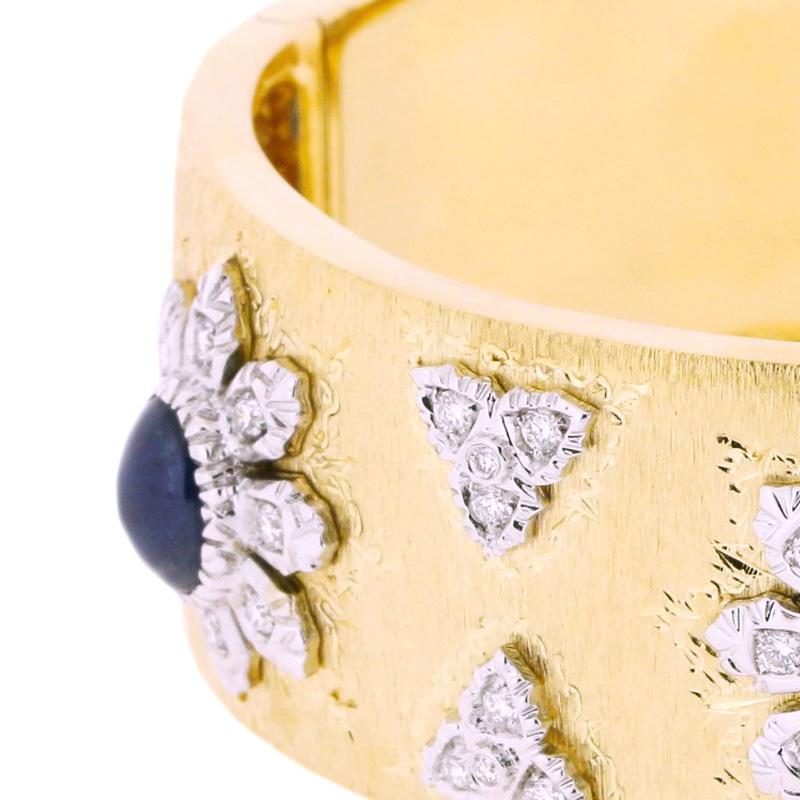 Round Cut 18K White & Yellow Gold Art Deco Sapphire Diamond Bracelet in Florentine Finish