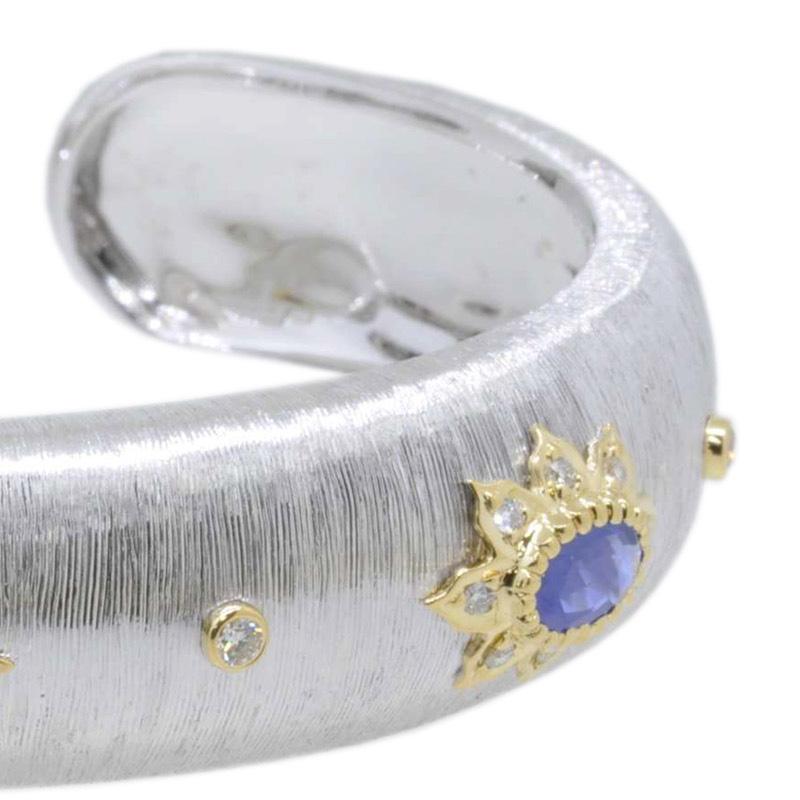 18K White & Yellow Gold Art Deco Sapphire Diamond Bracelet in Florentine Finish In New Condition In Hong Kong, HK