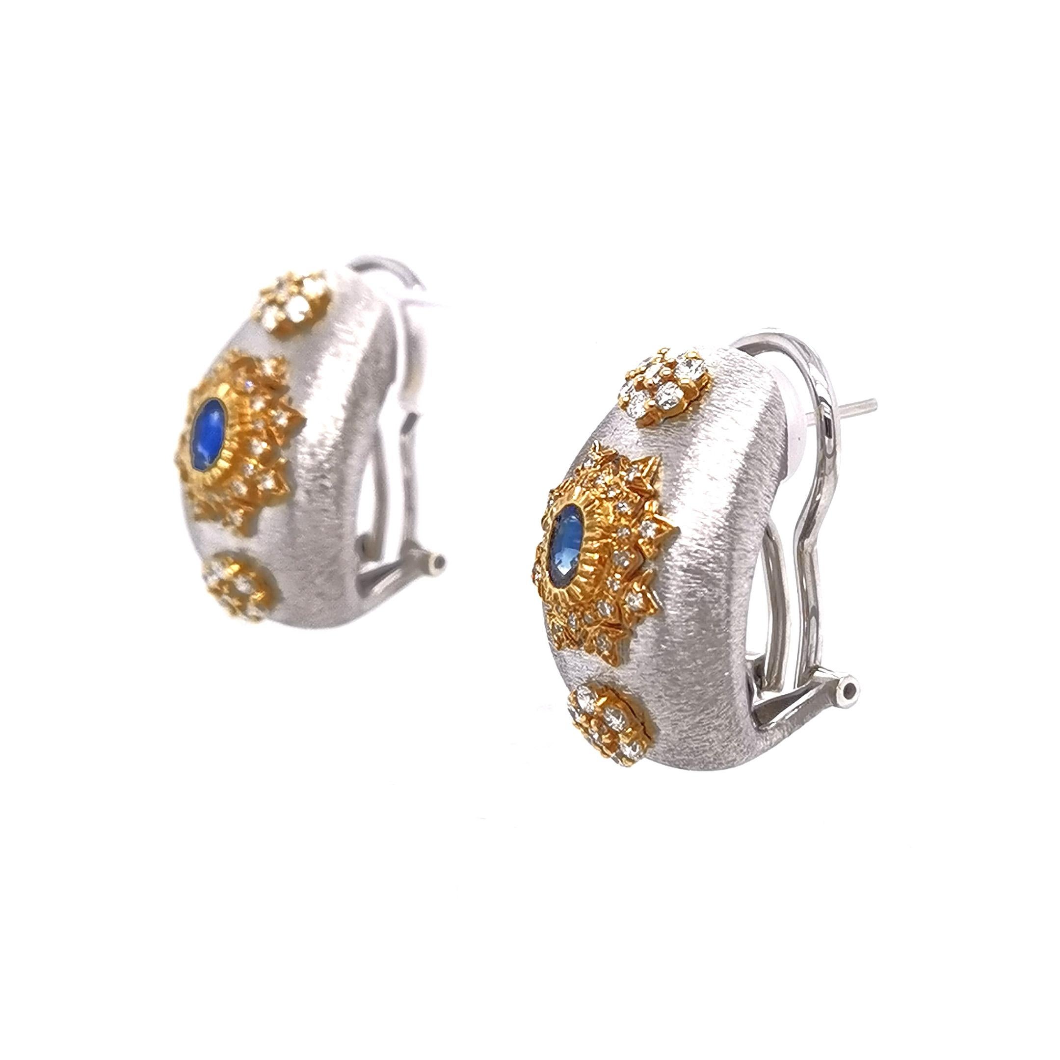 Round Cut 18K White & Yellow Gold Art Deco Sapphire Diamond Earrings in Florentine Finish