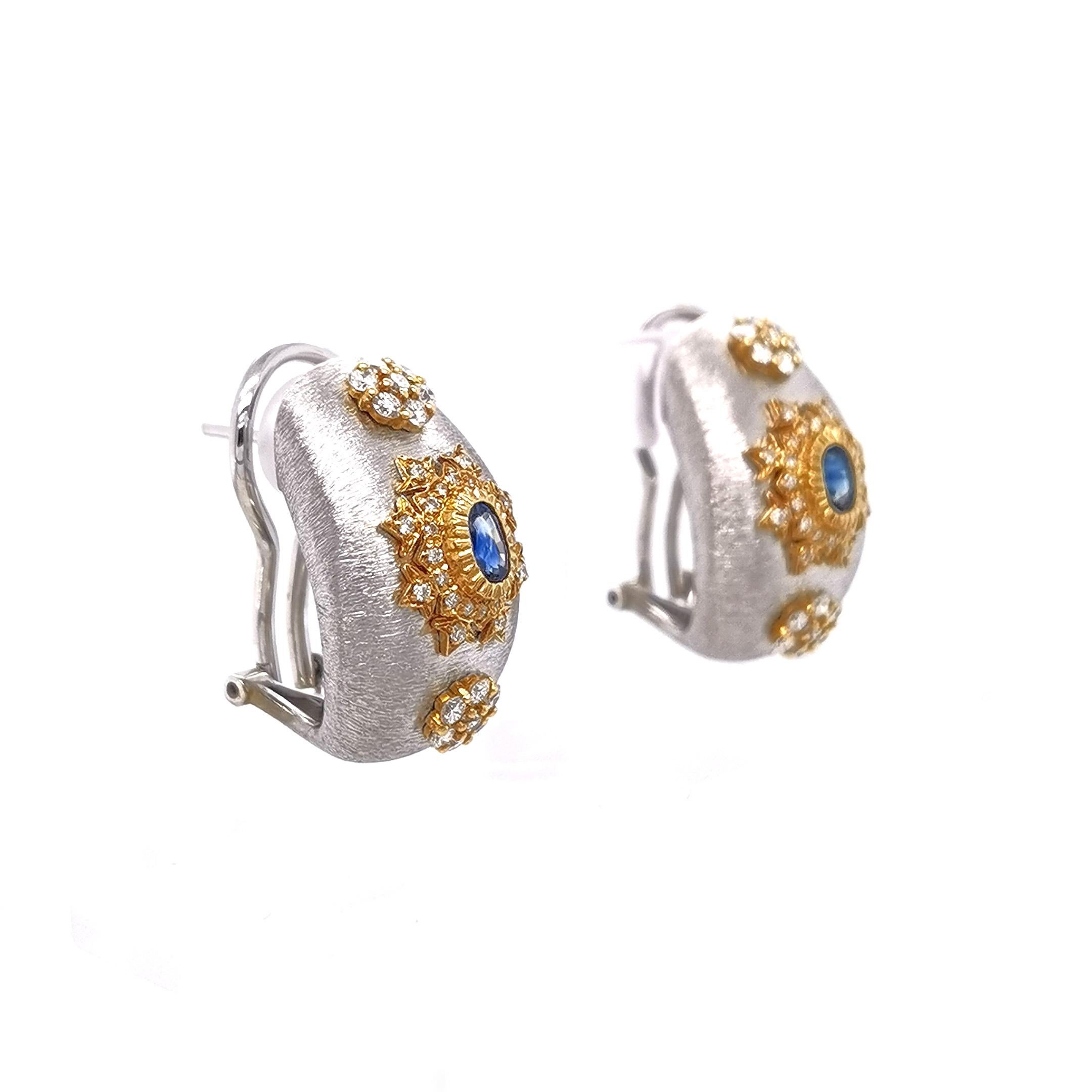 18K White & Yellow Gold Art Deco Sapphire Diamond Earrings in Florentine Finish In New Condition In Hong Kong, HK