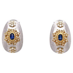 18K White & Yellow Gold Art Deco Sapphire Diamond Earrings in Florentine Finish