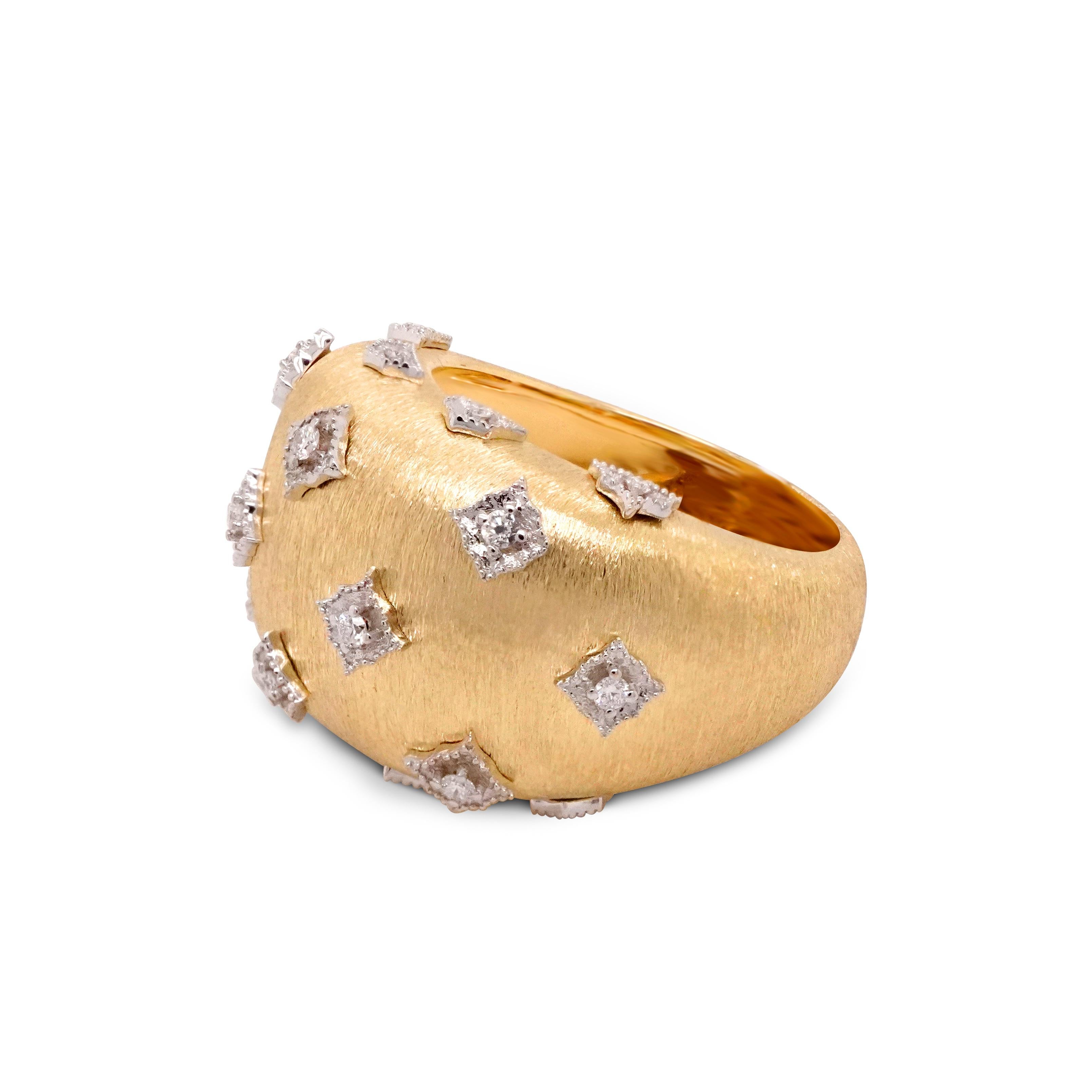 18 Karat Weiß- und Gelbgold Kuppelring mit handwerklichem Diamant in florentinischem Finish (Kunsthandwerker*in)